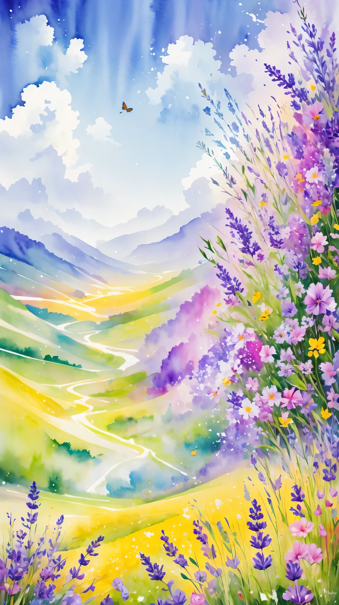 (masterpiece, best quality:1.2), Watercolor flower paintings present a delicate and refreshing visual effect. Wildflowers and lavender fields,The perfect combination of nature and romance. The screen is dominated by a white background, Highlight isolated watercolor flower. Splash technology recreates humid environments, Create a vague and dreamy atmosphere. The unique composition and abstract expression add an artistic touch to the picture, Contains elements of surrealism. The overall color tone is mainly light colors, Light purple and green complement each other, Show high-resolution details. The splash effect adds a sense of agility to the image, The light colors give the flowers a deep and restrained beauty.