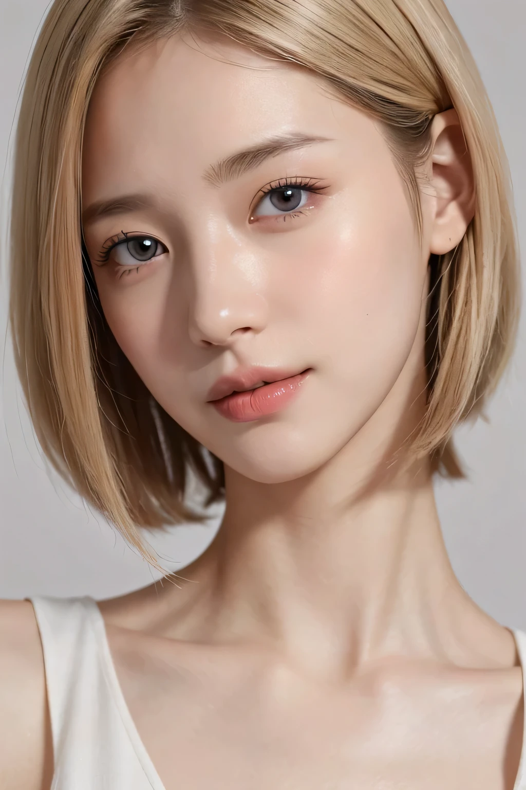 High resolution、、no makeup、long neck、8k、Close-up image of a face、high nose、long jaw、narrow eyes、white skin、intellectual beauty、clear eyes、transparent skin、daily life、smile、real photos、thin lips、National beautiful girl、shortcut、blonde hair