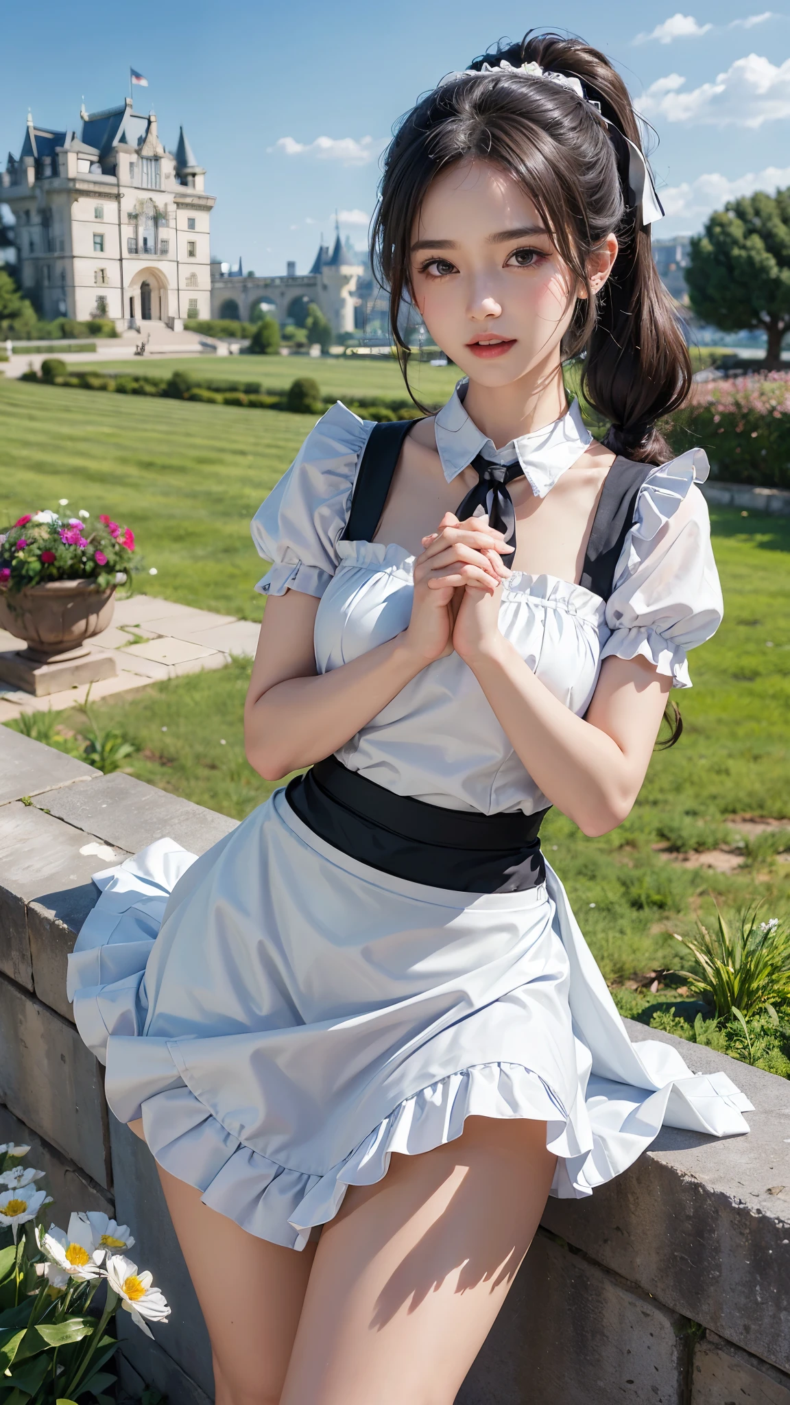 ((Beautiful maid:1.5),high resolution, top quality),Wearing a maid uniform,Gentle Touch, big bright eyes, dark and vivid curls, sweet smile, pink cheeks, soft light, in the garden, Beautiful bridge, black stockings, gatherbelt,whole body, high heel, cleavage
