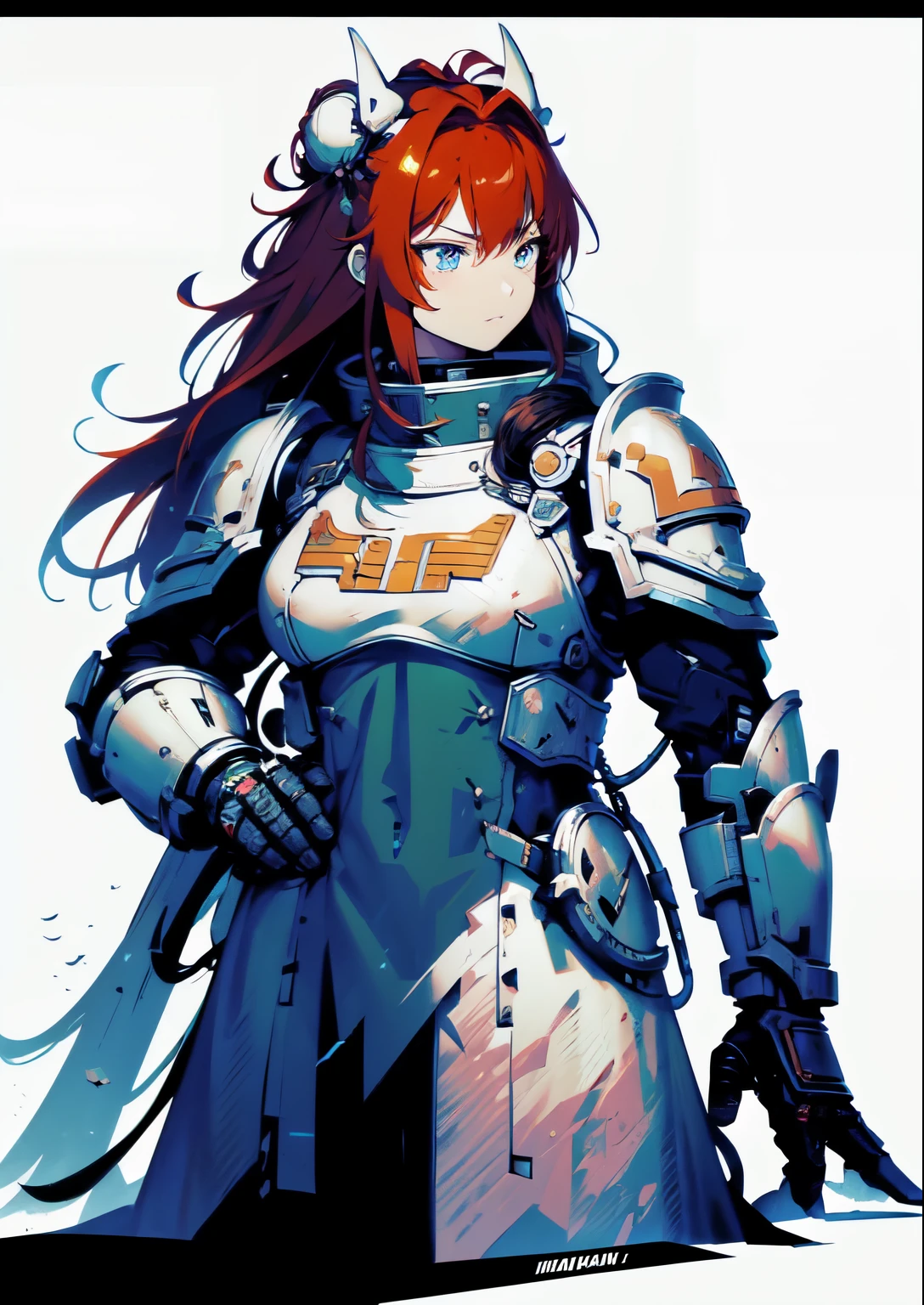 warhammer 40k, white scars, space marines, white scars emblem, white power armor, (bun, long hair, :1.25), sword in hand, action, Masterpiece, intricate, anime style, full body, 1girl, rakkun, racoon ears, 1tail, fluffy tail, (red and blue eyes blurred), short hair, (red inner hair), (brown hair), strand of hair on the left side, (red hair strips), looking at viewer, hight quality, 4k,highres, professional art, professional drawing, professional lineart