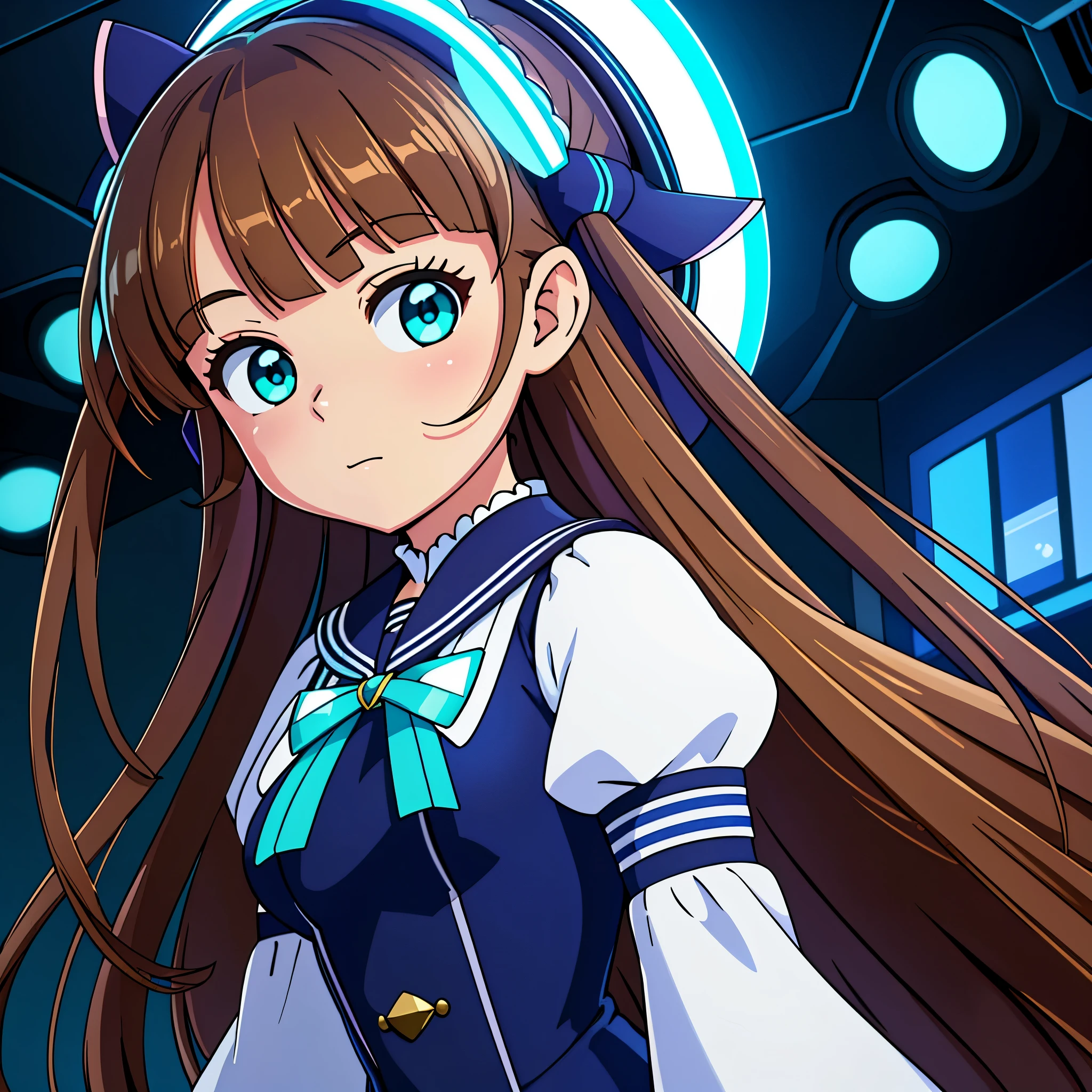 (best quality,4k,highres),ultra-detailed,realistic,portraits,green eyes, long brown hair,anime style,futuristic,Y2K aesthetic,ribbon headband,small breast,futuristic sailor lolita dress,puffy sleeves,white and blue,colorful lighting.