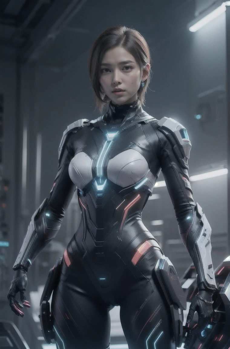 (RAW photo, highest quality), (realistic, Photoreal:1.3), 1 girl, Earrings in the machine、Glowing visor、machine glamor body,mother computer of the universe、detailed silver body、installed wiring、Placed terminal