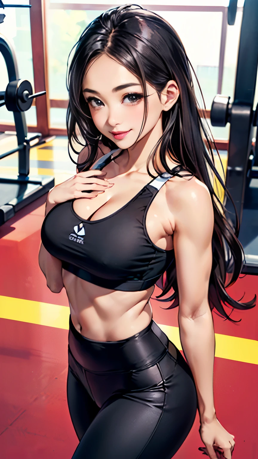 (8K、Super high resolution、Ultra - High resolution、Super high quality、surreal、highest quality、Masseter muscle part:1.2)(pretty huge chest、big cleavage、hide all breasts:1.3)toned body、slender body(black sports bra、Black leggings:1.25)(brown 1 length one side、 japanese women、realistic face、cute little face、pretty big black eyes、Clear double eyelids、tear bag、long eyelashes、small nose、big mouth、duck mouth、thin lips、pink lip gloss、smile happily:1.1)、espadrilles、sports gym(show your armpits、Opens the inseam quite wide)、35 years old