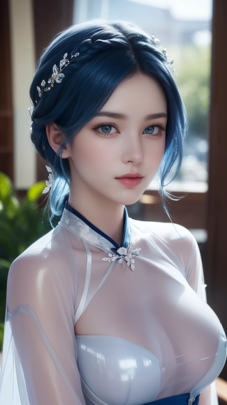 (hyper-realistic), (illustration), (high resolution), (8k), (Very detailed), (最佳illustration), (Beautiful and delicate eyes), (best quality), (Super detailed), (masterpiece), (wallpaper), (lifelike), (Natural light), (edge lit), (Detailed face), (高度细致lifelike皮肤纹理), (anatomically correct), (alone), (1 girl), (高细节lifelike头发), (blue hair:1.2), spiky hair, (heterochromatic eyes), (Detailed green eyes), (There is a small mole under the eye), (realistic:1.5), (Naked of breast:1.3), (long legs), (slim abs), (dynamic poses), (Keep your mouth shut:1.3), (Traditional Hanfu), (transparent clothes:1.5), national foundation,Show breasts,Show breasts,exposing her chest,huge ,huge breasts,exposing her chest,huge breasts,