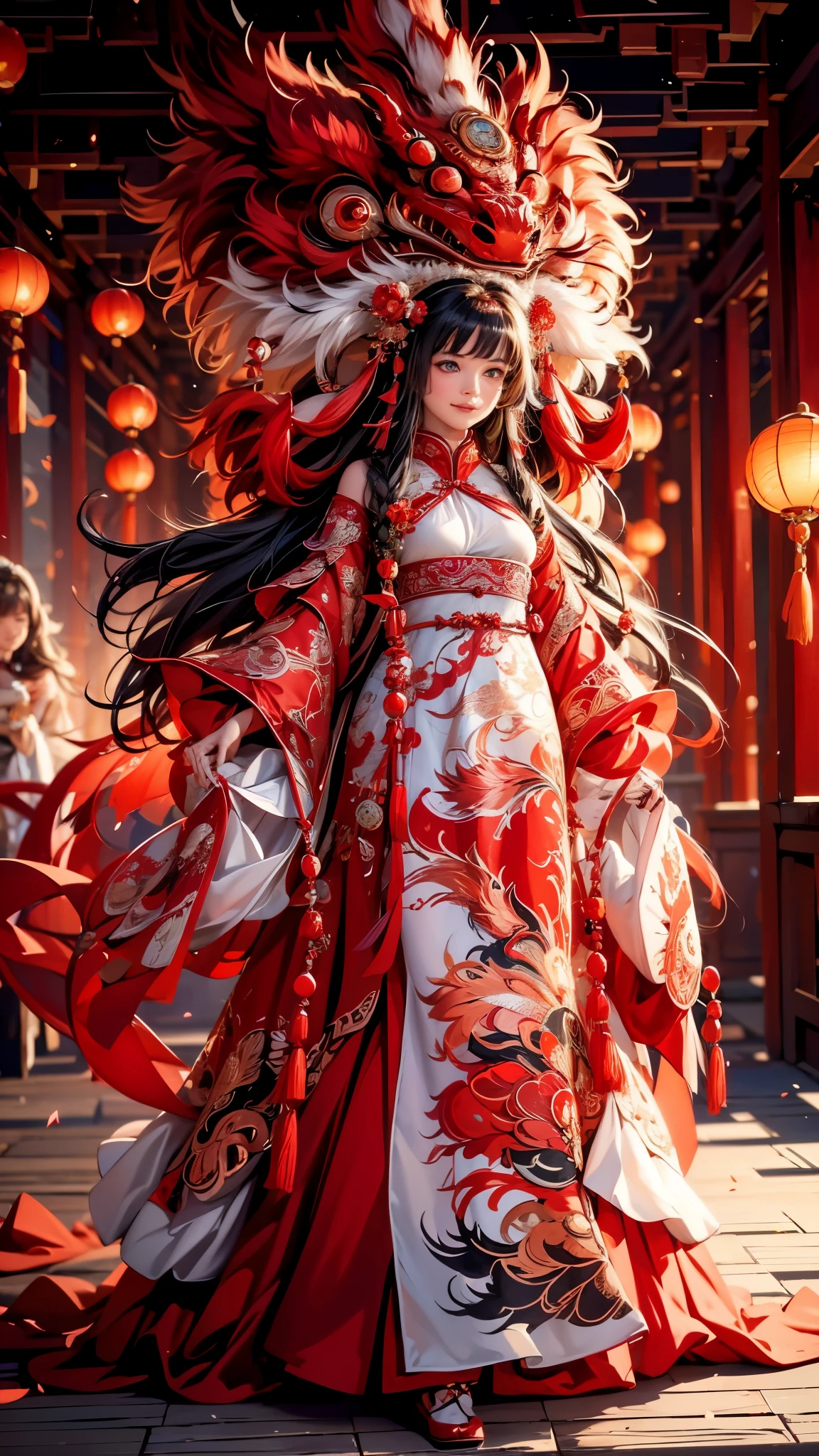 （（（完美figure，figure，red hanfu，Winter Hanfu，Chinese clothes,red clothes，red background,dragon，(Chinese fabric:1.2), hanfu， Dragon and girl，dragon帽兜，xuer lion head,Dragon，long hair，black hair，hair accessories，Chinese clothing，lantern，Oriental Dragon,（（（ailisha，Brown pupils，1girl，solo，long black hair，Exposing bangs ））），（（（wide hips））），S型figure:1.7））），((masterpiece)),high resolution, ((Best quality at best))，masterpiece，quality，Best quality，（（（ Exquisite facial features，looking at the audience,There is light in the eyes，blush，shy，Happy，laughing out loud））），（（（Light and shadow interlace，huge ））），（（（looking into camera，condom wrapper，Condoms, condom packaging, semen，sweat）））