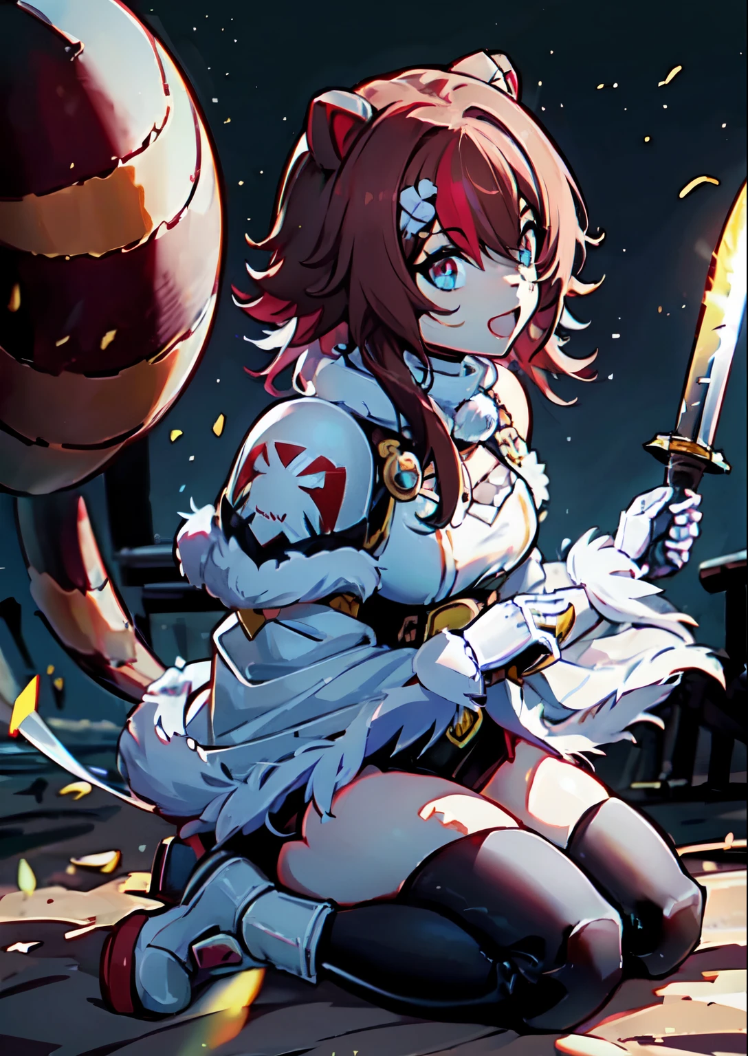 warhammer 40k, white scars, space marines, white scars emblem, white power armor, (bun, long hair, :1.25), sword in hand, action, Masterpiece, intricate, anime style, full body, 1girl, rakkun, racoon ears, 1tail, fluffy tail, (red and blue eyes blurred), short hair, (red inner hair), (brown hair), strand of hair on the left side, (red hair strips), looking at viewer, hight quality, 4k,highres, professional art, professional drawing, professional lineart