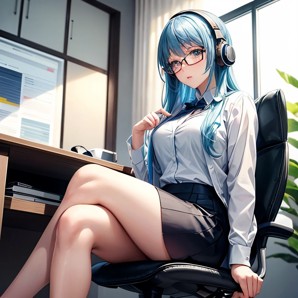 there is a woman sitting in a chair with a laptop, 厳格な黒いwearing a business suit, sitting on the desk, wearing a strict suit, on the desk, in a strict suit, japanese goddess, stockings and skirt, was sitting at her desk, Sitting at the table, sitting at the desk, wearing a business suit, elegant legs, look ahead seductively, crossed legs, Futaba Sakura, light blue hair, dull bangs, blue eyes, Glasses, White button-up shirt, headphones, thick, Green jacket, thick thighs