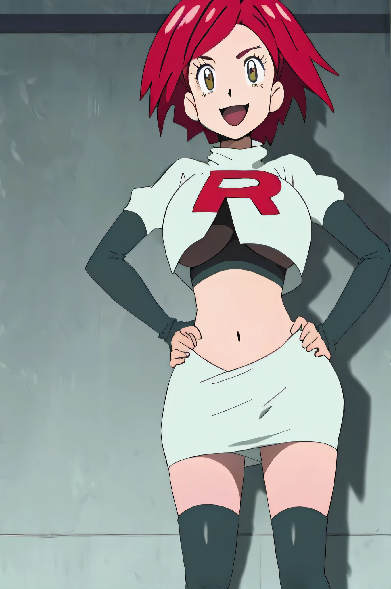 8k, anime screencap,1girl in, (solo:1.2), (perfect body:1.1), (best quality:1.1), very large breast, hands on hip,team rocket uniform, red letter r, white skirt,white crop top,black thigh-high boots, black elbow gloves, evil smile, looking down at viewer, hands on hips,zettai ryouiki, Himiko Yumeno