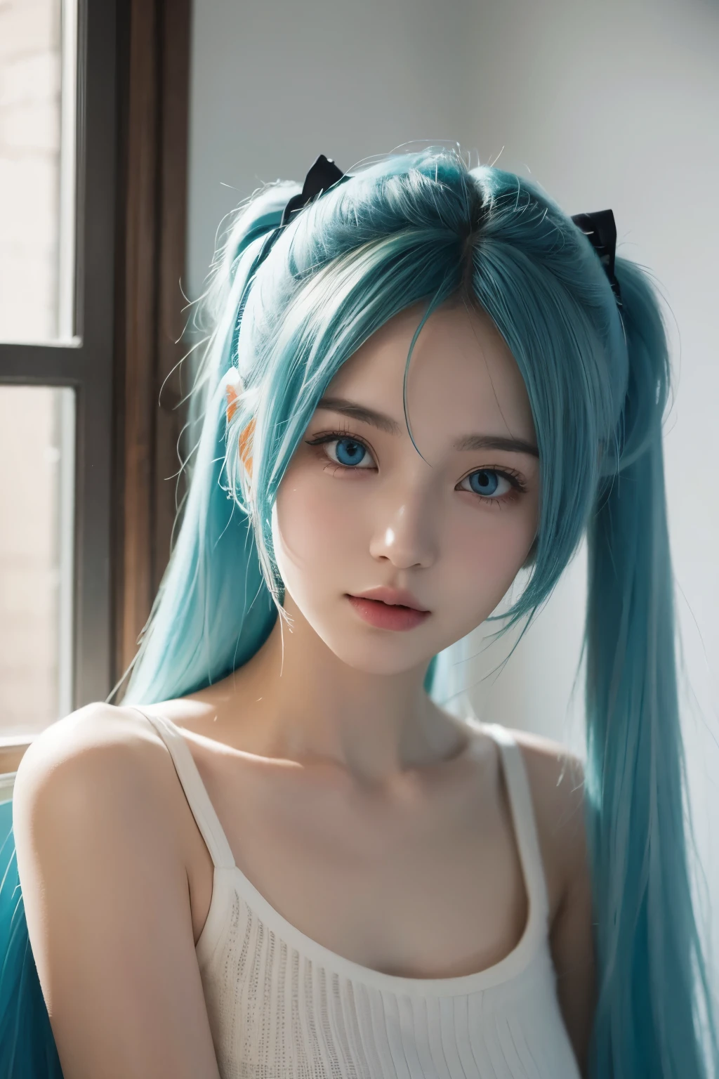 a girl, hatsune miku hair, realism, blue hair, blue eyes, best quality, masterpiece, in a  room,