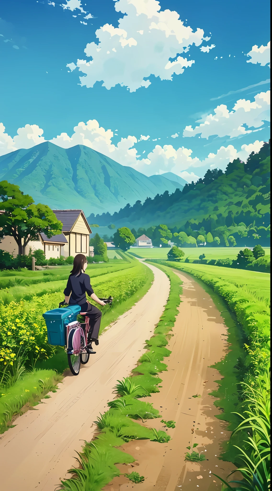 a woman walking with her bike down a dirt road, anime countryside landscape, countryside city scene, anime landscape, anime scenery, anime. by makoto shinkai, anime beautiful peace scene, anime scenery concept art, p.a.works, p. a. works, beautiful anime scenery, anime landscape wallpaper, top rated on pixiv, by Makoto Shinkai