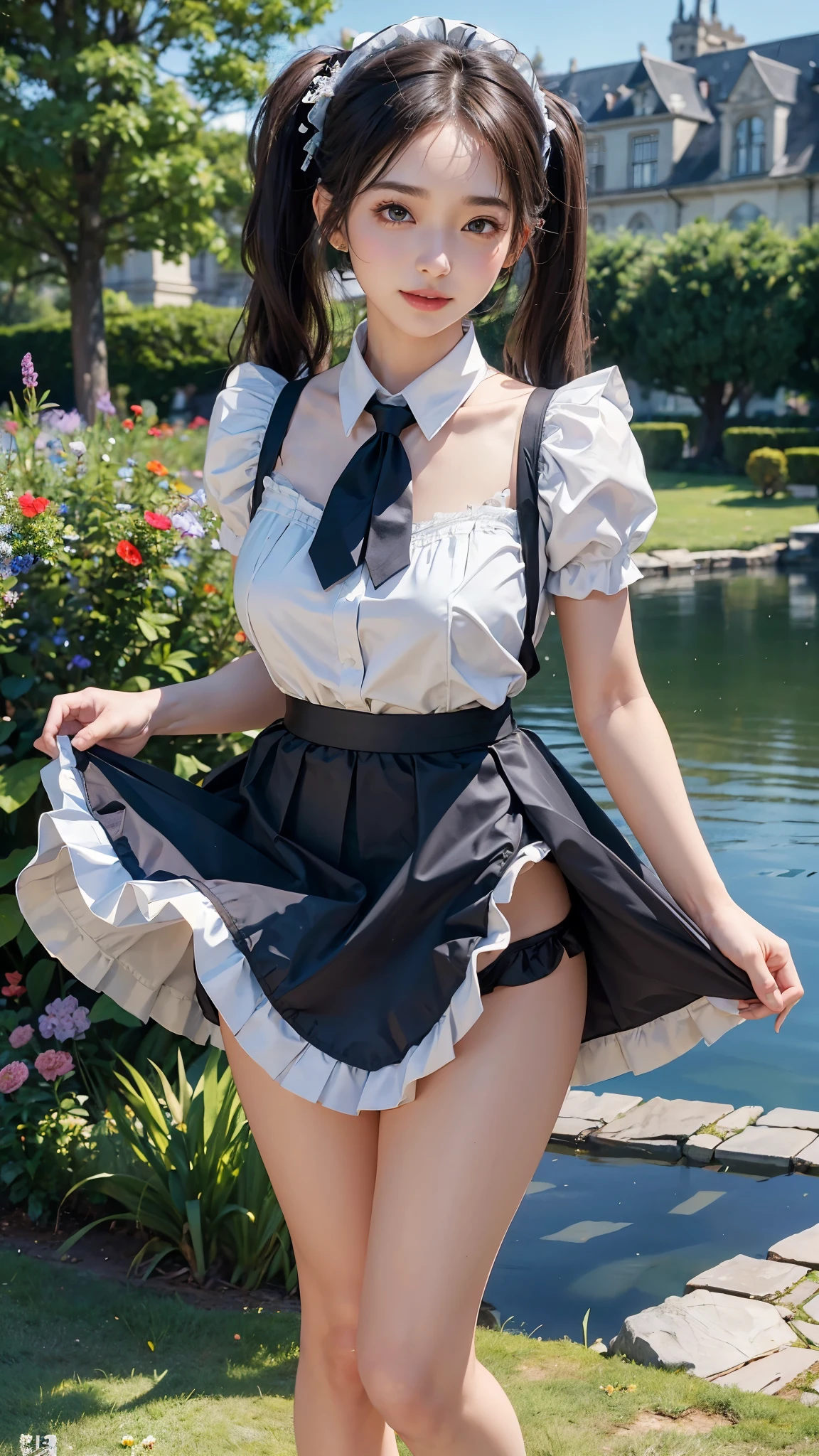 ( highest quality、8K、masterpiece、realistic：1.3 )、 1 woman、( A garden with a classical and prestigious castle in the background )、( Very high quality deep background : 1.2)、nature bright sunlight、blue sky、smile、Brown hair tied into twin tails、beautiful woman with perfect figure: 1.4、Highly detailed face and skin texture、detailed eyes、double eyelid、very far away : 1.2 、I can see the whole body、white and black maid、White maid headband、ruffle blouse、ruffle mini skirt、ribbon tie、apron、high heels 、((( skirt lift show off panties : 1.3 )))