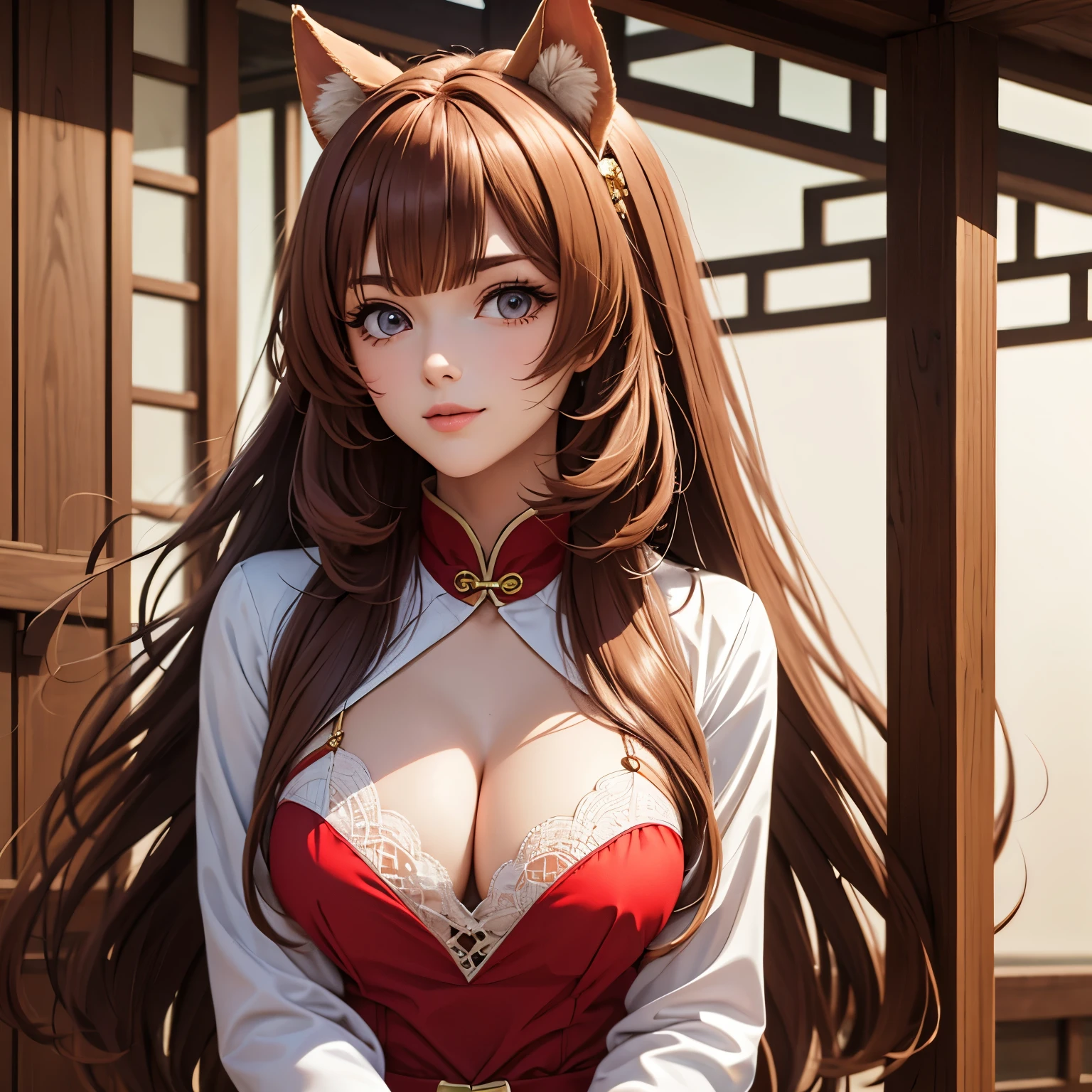 Raphtalia beautiful woman 22 years old - with round animal ears, cabello naranjo, sonrisa amable, piel clara, ojos rojos, disfraz chino. color rojo, pechos grandes bien formados escote, pechos grandes. chinese garden bottom neckline. disfraz rojo, disfraz rojo . pose sexy