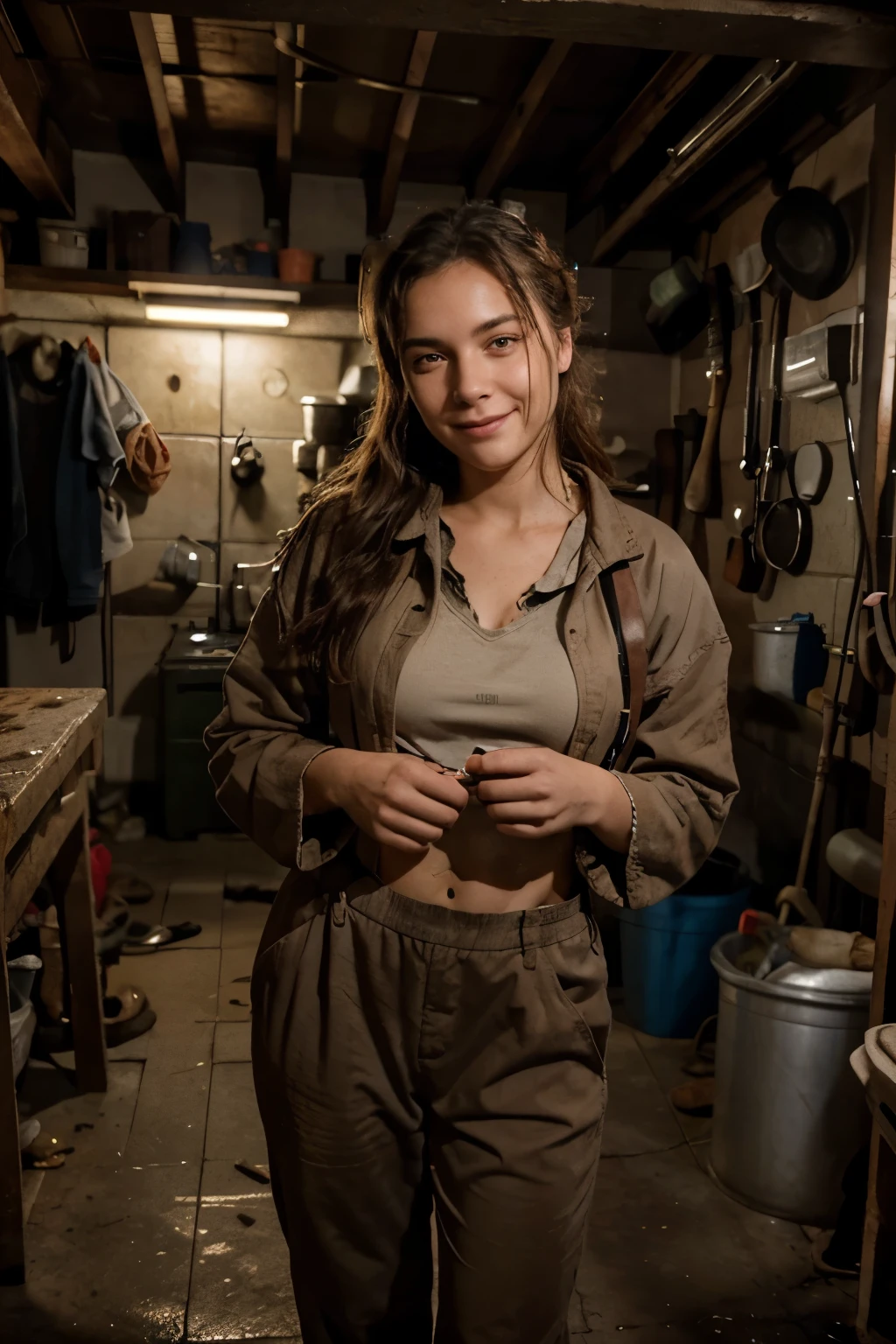 A 22-year-old woman, clad in a plumber's suit with a charming smile, playfully interacts with her loyal Mastiff. Her disheveled hair frames her face, and her expressive brown eyes gaze at the viewer with warmth. The detailed and high-resolution image captures her playful gestures towards the loving dog. The setting is a cozy, dimly lit garage with various tools and pipes in the background, adding to the authentic atmosphere. The woman's cheeks are slightly rosy from the playful moment, and her plumber's shoes are covered in mud from a recent job, showcasing her dedication to her work. The Mast