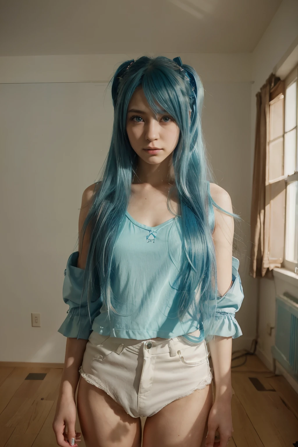 a girl, hatsune miku hair, realism, blue hair, blue eyes, best quality, masterpiece, in a room,