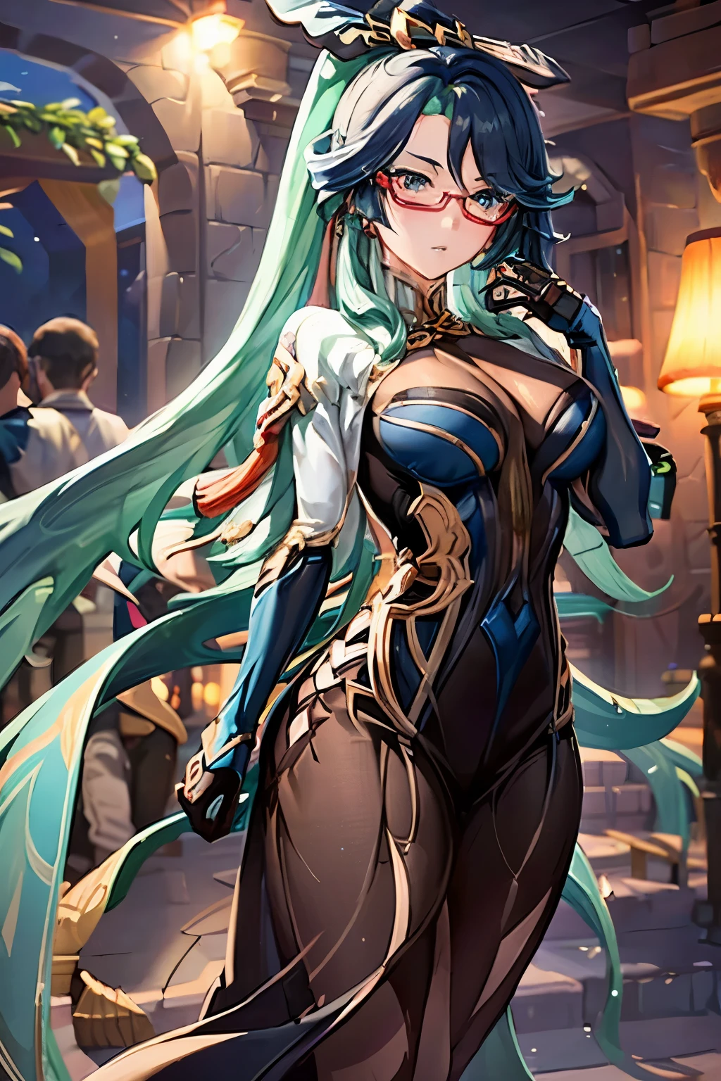 (extremely detailed CG, best quality:1.1), 1girl, perfect face, bright pupils, (finely detailed beautiful eyes:1.1), blue eyes, shiny skin, lustrous skin, wide hips, narrow waist, long hair, glasses, semi-rimless eyewear, ponytail, multicolored hair, hair ornament, earrings, chinese clothes, bodysuit, cowboy shot, elbow gloves, dress, full body, depth of field, standing, high heels, 