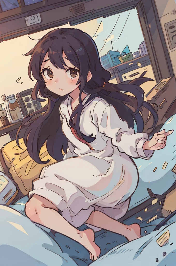 (highest quality:0.8) perfect anime illustration, cute, long hair、compensate、with a girl、bed made of mosaic、cute服、coffee shop、Ghibli