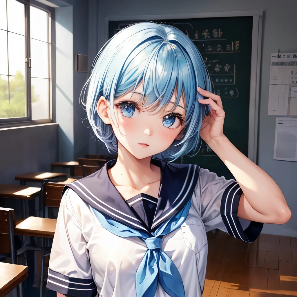 1 girl,cute,Hair color is sky blue,blue eyes,short hair,sailor suit,During class