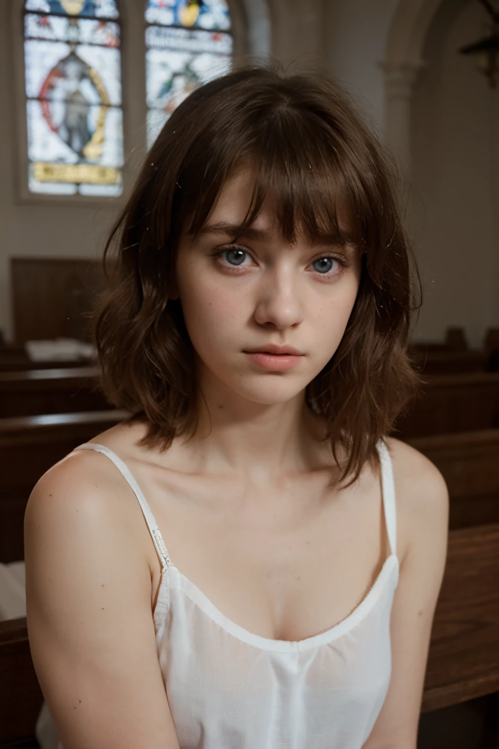Mejor calidad, Hyper realistic, Detalles, 8k, adolescente, Fifteen years old, Shy, triste, palidez, Grandes ojos azules, piel muy blanca, small nose, short brown hair with bangs, melancholy, hermoso, ropa universitaria, iglesia.