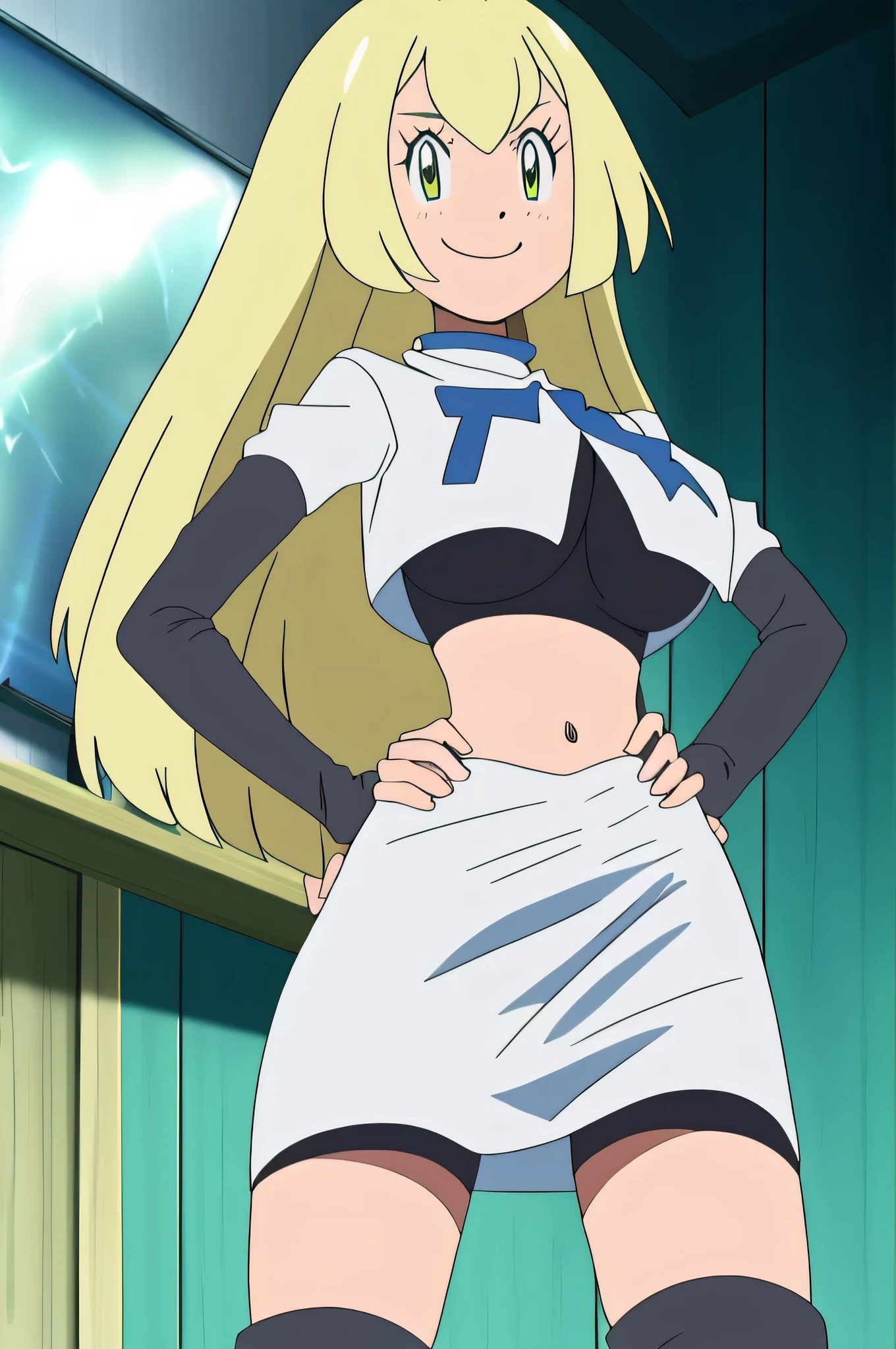 8k, anime screencap,1girl in, (solo:1.2), (perfect body:1.1), (best quality:1.1), very large breast, hands on hip,team rocket uniform, red letter r, white skirt,white crop top,black thigh-high boots, black elbow gloves, evil smile, looking down at viewer, hands on hips,zettai ryouiki, Colette Brunel