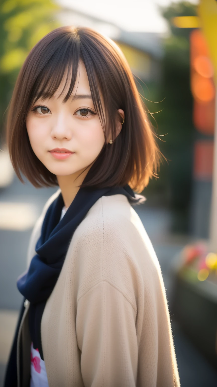Close-up of a woman with a scarf on the street, with short hair, Chiho, Cute girl - well-groomed face, 美cool japanese girl顔, cute - well-groomed - face, Yoshitomo Nara, like々cool japanese girl, japanese model, sakimi chan, Aya Takano color style, Black-haired Sui Ishida