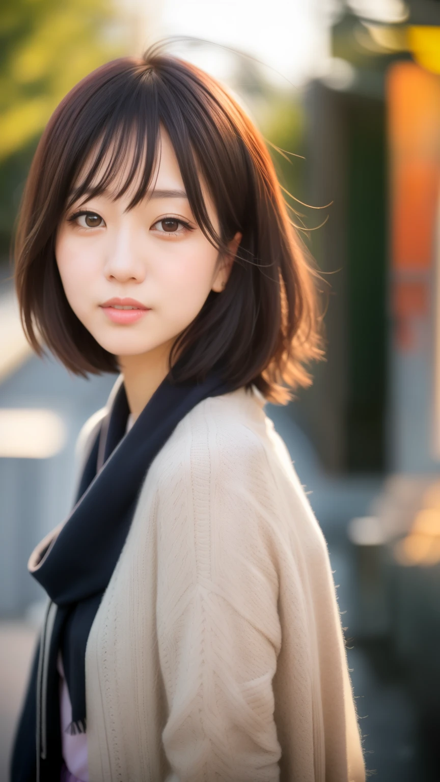 Close-up of a woman with a scarf on the street, with short hair, Chiho, Cute girl - well-groomed face, 美cool japanese girl顔, cute - well-groomed - face, Yoshitomo Nara, like々cool japanese girl, japanese model, sakimi chan, Aya Takano color style, Black-haired Sui Ishida