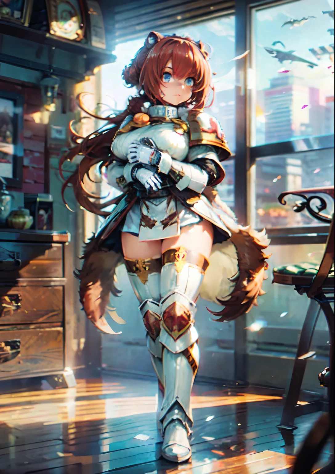 warhammer 40k, white scars, space marines, white scars emblem, white power armor, (bun, long hair, :1.25), sword in hand, action, Masterpiece, intricate, anime style, full body, 1girl, rakkun, racoon ears, 1tail, fluffy tail, (red and blue eyes blurred), short hair, (red inner hair), ((brown hair)), strand of hair on the left side, looking at viewer, hight quality, 4k,highres, professional art, professional drawing, professional lineart