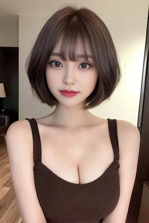(top quality, 8k, masterpiece:1.3)), detailed Woman:1.3, ( Brown bob with short hair:1.4), (Natural bangs:1.2), beautiful small breasts), tight knit:1.1, Ultra detailed, detailed, eyelid
