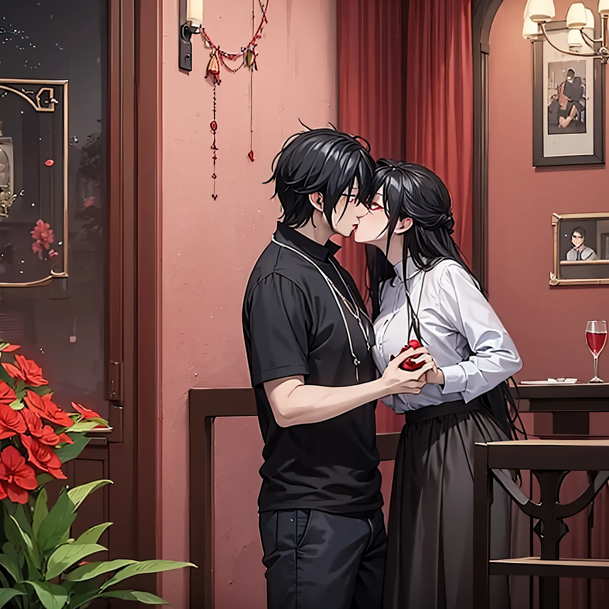 a man kissing a woman(eye red) on the mouth in black casual clothing in a luxurious modern house
