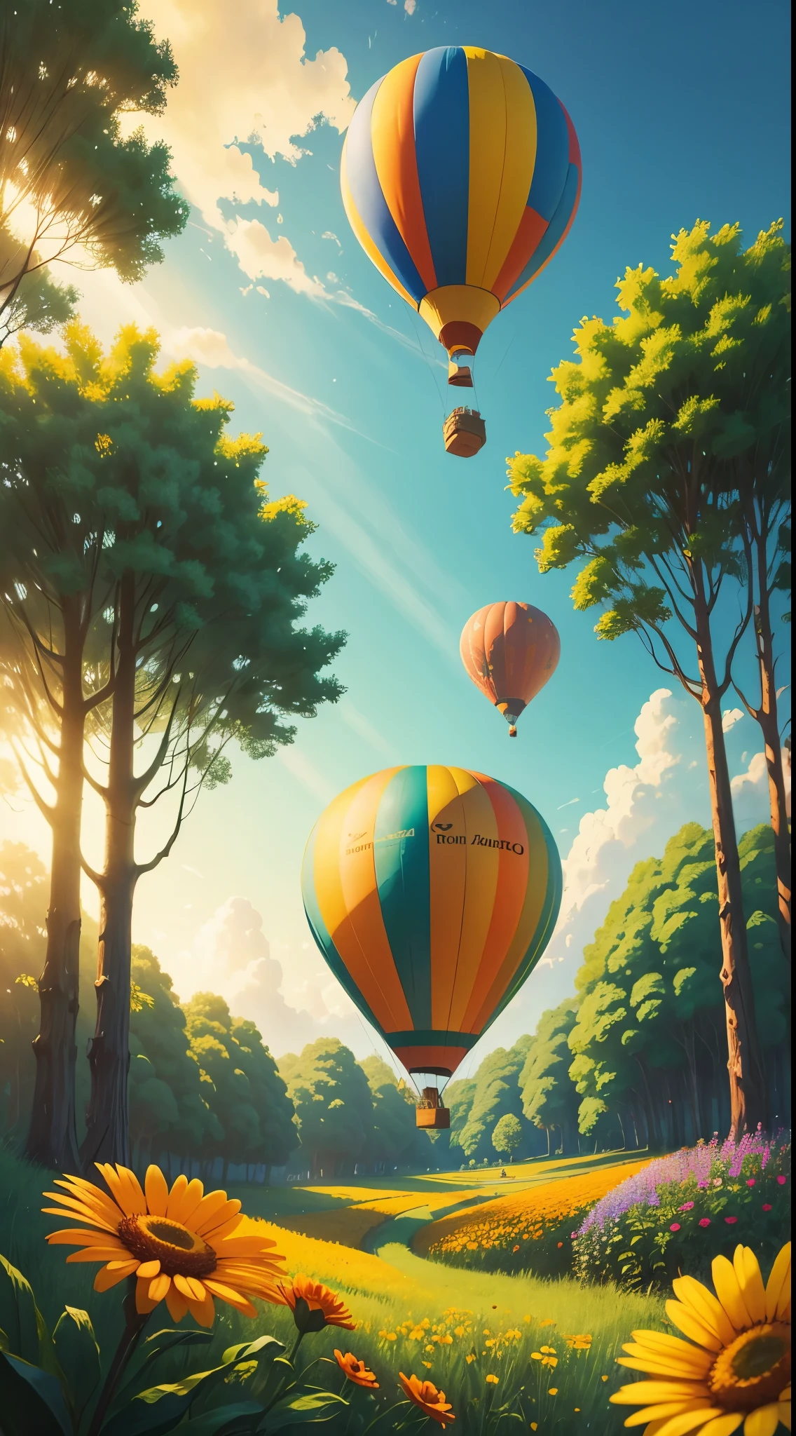 view of a colorful air balloon in a verdant forest, pixar style, high quality, amazing sunray, pretty flowers around, orange flowers around