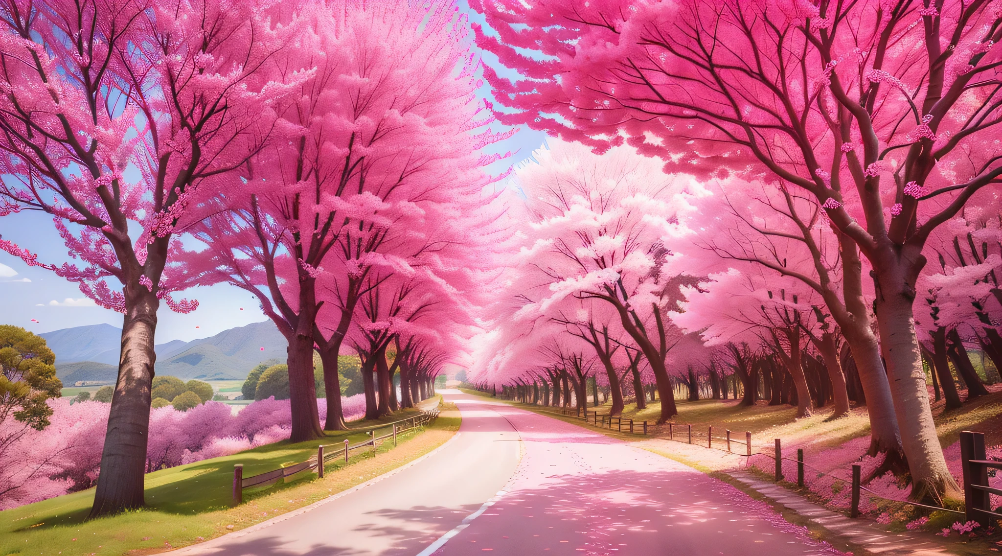 there is a road lined with pink trees and flowers, blossoming path to heaven, cherry blossom trees, cherry blossom forest, pink trees, cherry trees, pink landscape, sakura trees, really beautiful nature, cherry blosom trees, pink forest, very beautiful photo, beautiful trees, dreamy colors, breath-taking beautiful trees, breath - taking beautiful trees, beatiful backgrounds