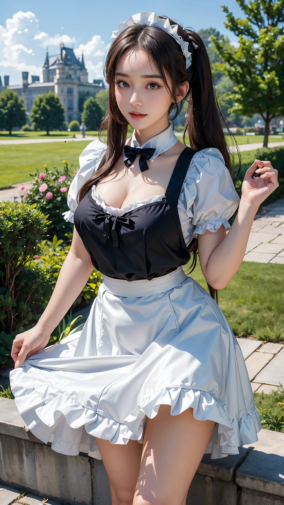 ( highest quality、8K、masterpiece、realistic：1.3 )、 1 woman、( A garden with a classical and prestigious castle in the background )、( Very high quality deep background : 1.2)、nature bright sunlight、blue sky、smile、Brown hair tied into twin tails、beautiful woman with perfect figure: 1.4、Highly detailed face and skin texture、detailed eyes、double eyelid、very far away : 1.2 、I can see the whole body、white and black maid、White maid headband、ruffle blouse、ruffle mini skirt、ribbon tie、apron、high heels 、Show off your cleavage、( A pose where you lift up the front of your skirt to show your panties. : 1.3 )