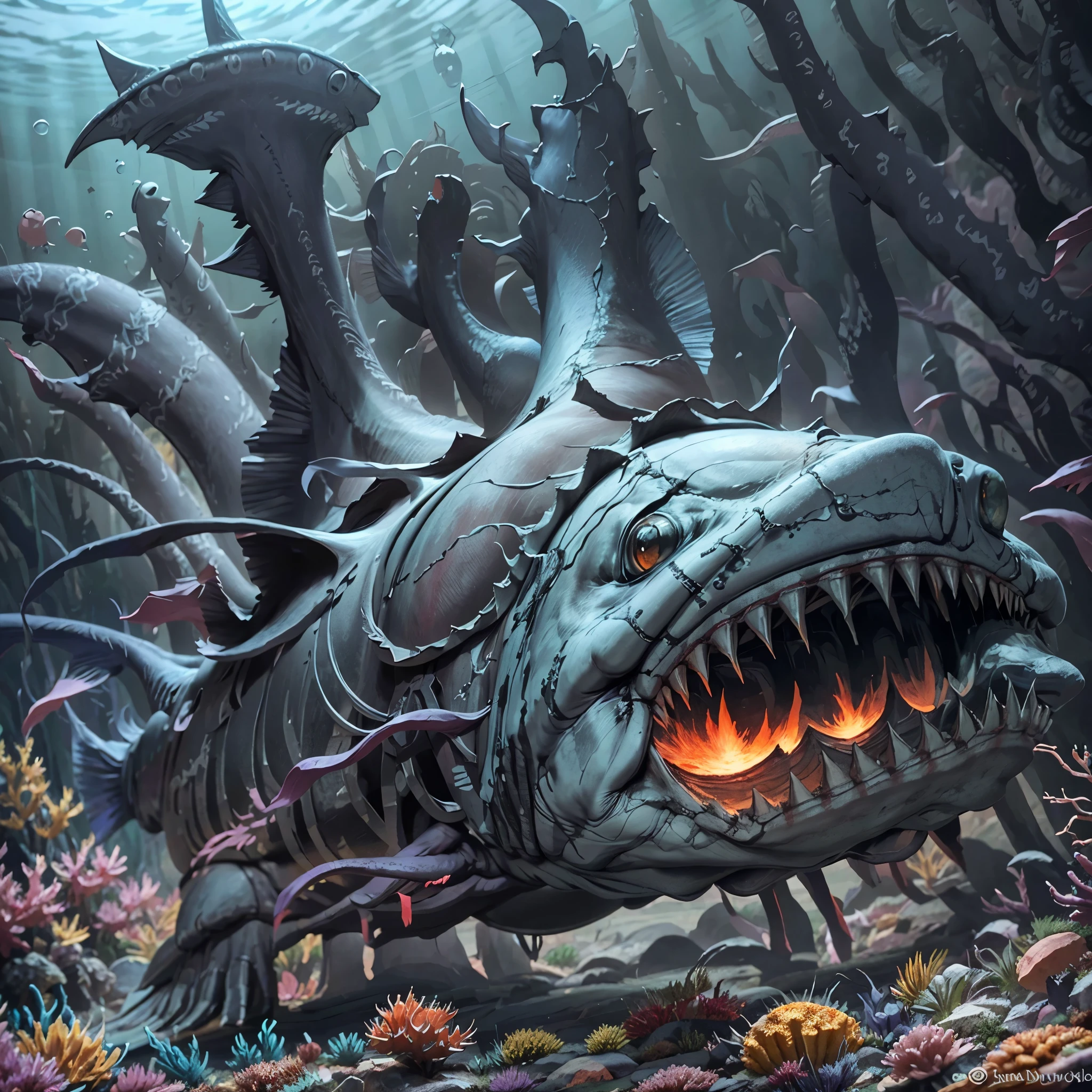 (A brightly colored, creepy, shark with a glowing belly), prowls a colorful reef underwater