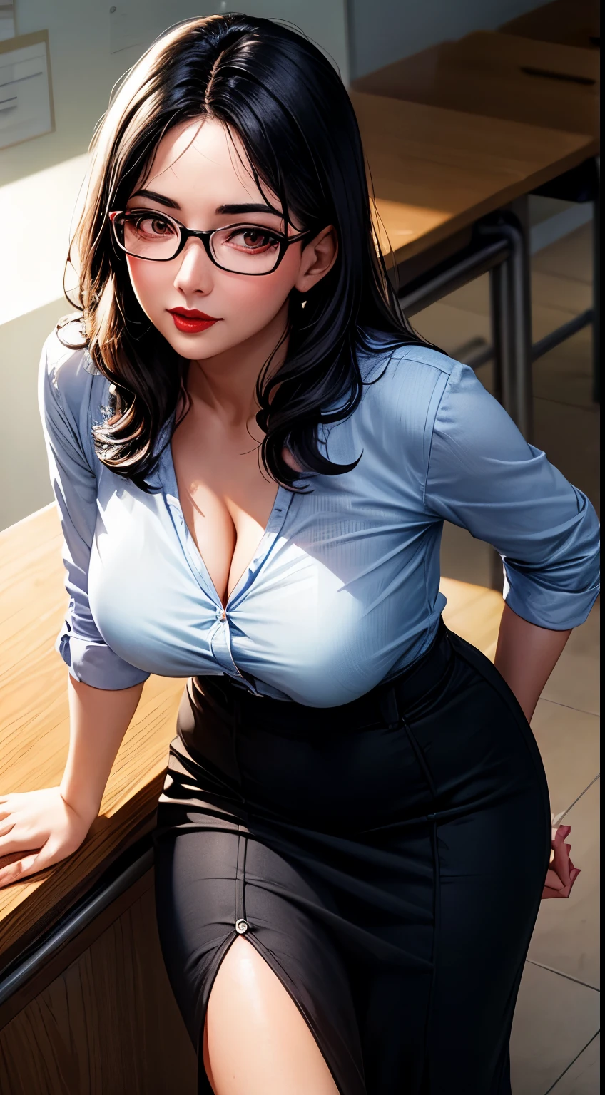 Woman, 30 years, adult, black hair, sexy teacher in classroom, glasses, red lips, nigth, soft ligth, face detail, from above, fingers --style realistic-imagine -