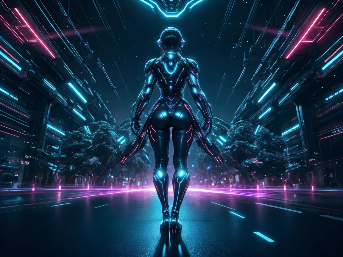 distant universe、hyper network、giant mother computer、face shape machine、wires strung out、Glowing Machine Eyes、Rear view of a woman standing up、ray gun