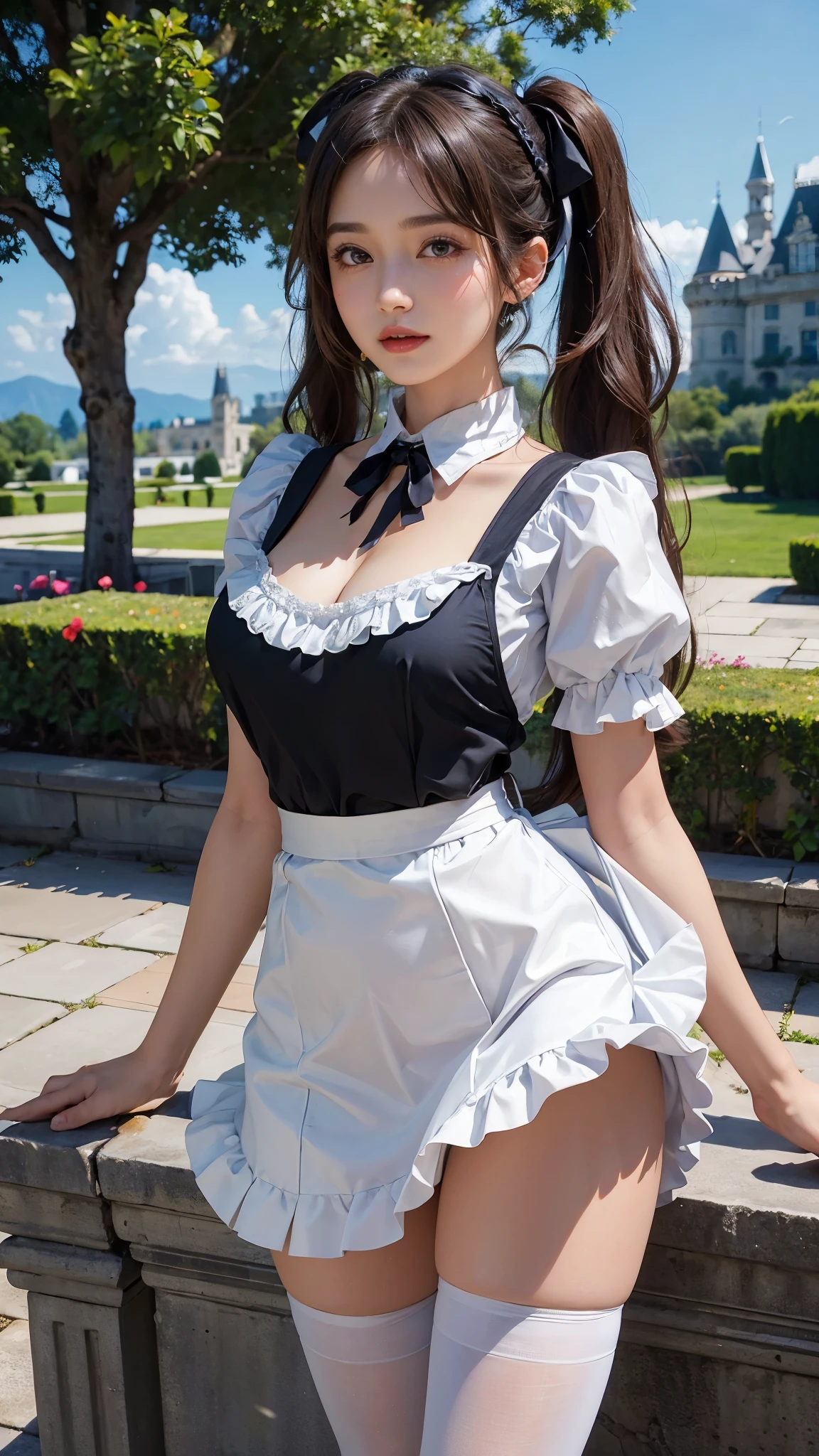 ( highest quality、8K、masterpiece、realistic:1.3 )、 1 woman、( A garden with a classical and prestigious castle in the background )、( Very high quality deep background : 1.2)、nature bright sunlight、blue sky、smile、Brown hair tied into twin tails、beautiful woman with perfect figure: 1.4、Highly detailed face and skin texture、detailed eyes、double eyelid、very far away : 1.2 、I can see the whole body、white and black maid、White maid headband、ruffle blouse、ruffle mini skirt、ribbon tie、apron、high heels 、Show off your cleavage、( Lift up the front hem of the skirt、Pose showing panties : 1.3 )