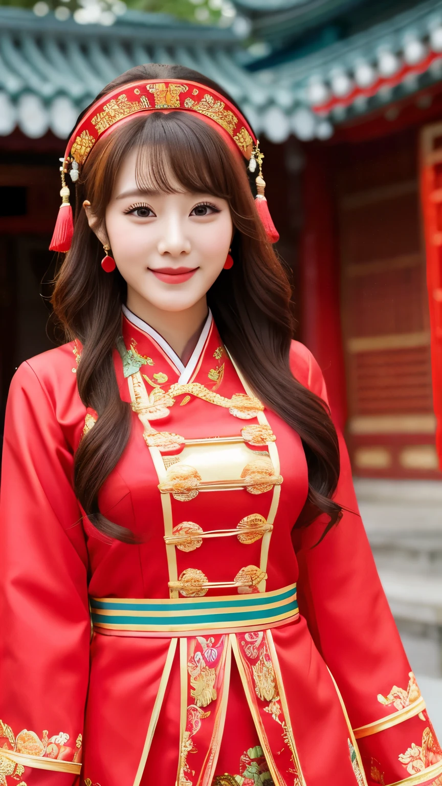 UHD, cute Korean female,Chest size 32 inches, red wavy, wearing Chinese traditional outfit, standing in the Chinese pavillion,blurred background