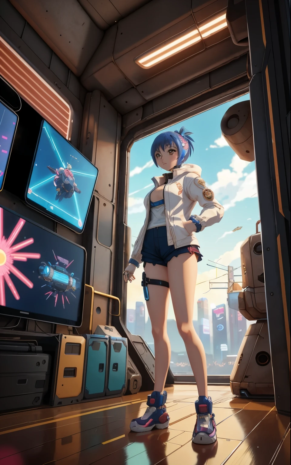 Anime girl in short shorts and jacket standing next to a giant robot, artwork in the style of Gweiz, cyberpunk anime girl mecha, trending on cgstation, Gweiz, Written by Russell Dongjun Lu, digital cyberpunk anime art, lost run 8k, Gweiz on artstation pixiv, Girl wearing mechanical cyber armor