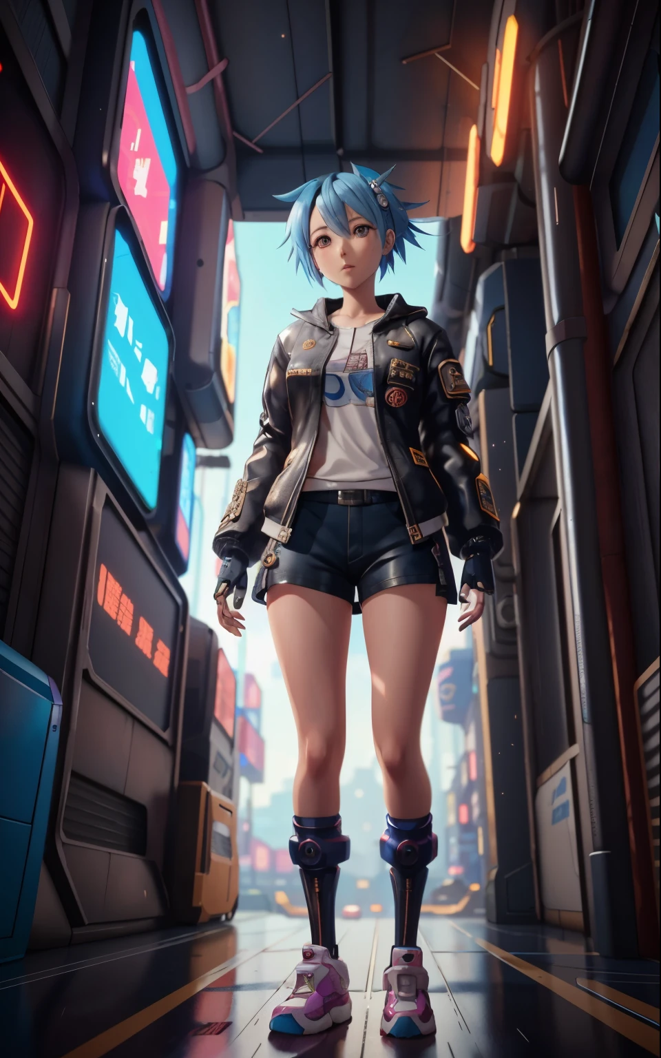 Anime girl in short shorts and jacket standing next to a giant robot, artwork in the style of Gweiz, cyberpunk anime girl mecha, trending on cgstation, Gweiz, Written by Russell Dongjun Lu, digital cyberpunk anime art, lost run 8k, Gweiz on artstation pixiv, Girl wearing mechanical cyber armor