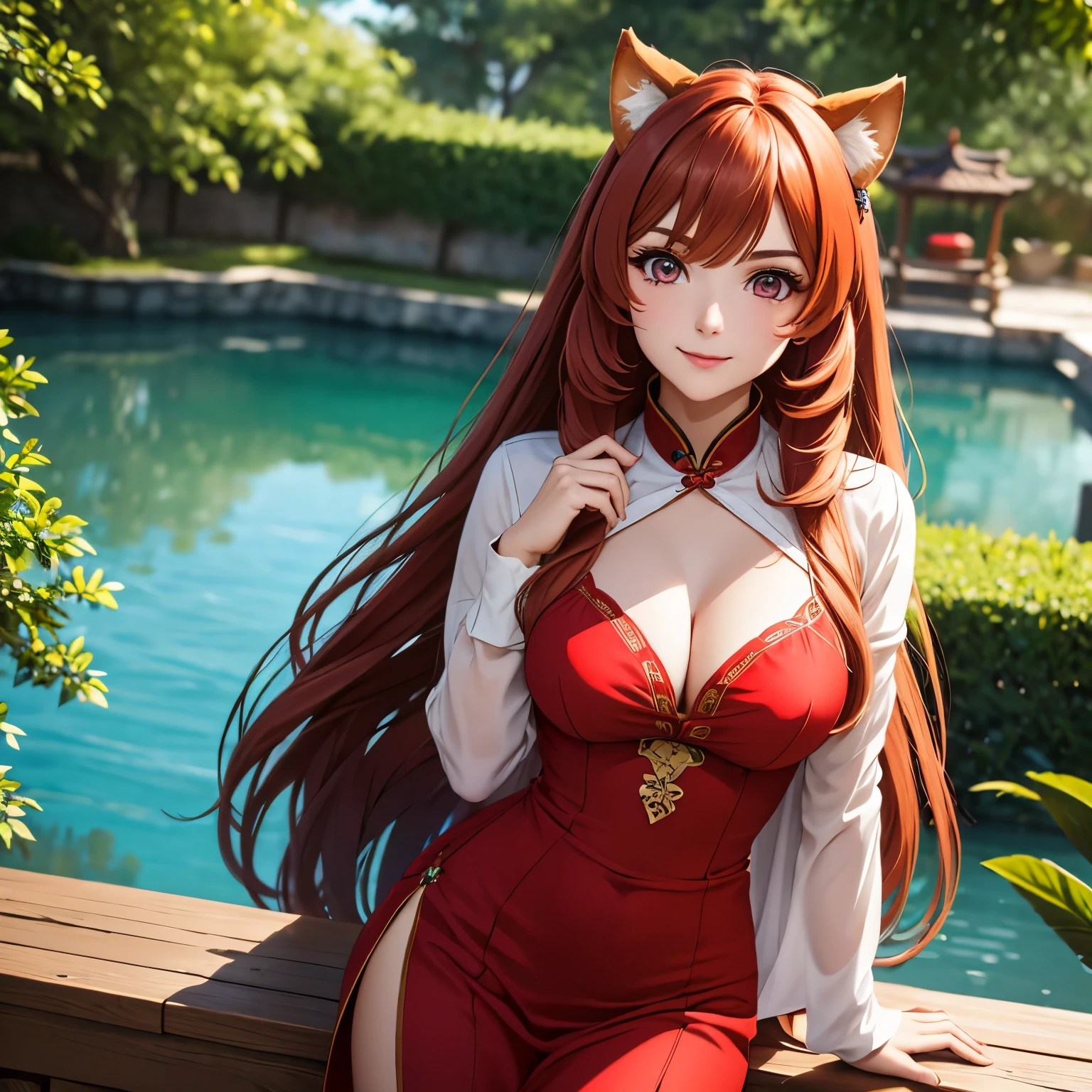 Raphtalia beautiful woman 22 years old - with round animal ears, cabello naranjo, sonrisa amable, piel clara, ojos rojos, disfraz chino. color rojo, pechos grandes bien formados escote, pechos grandes. chinese garden bottom neckline. disfraz rojo, disfraz rojo . pose sexy ojos rojos como el rubi