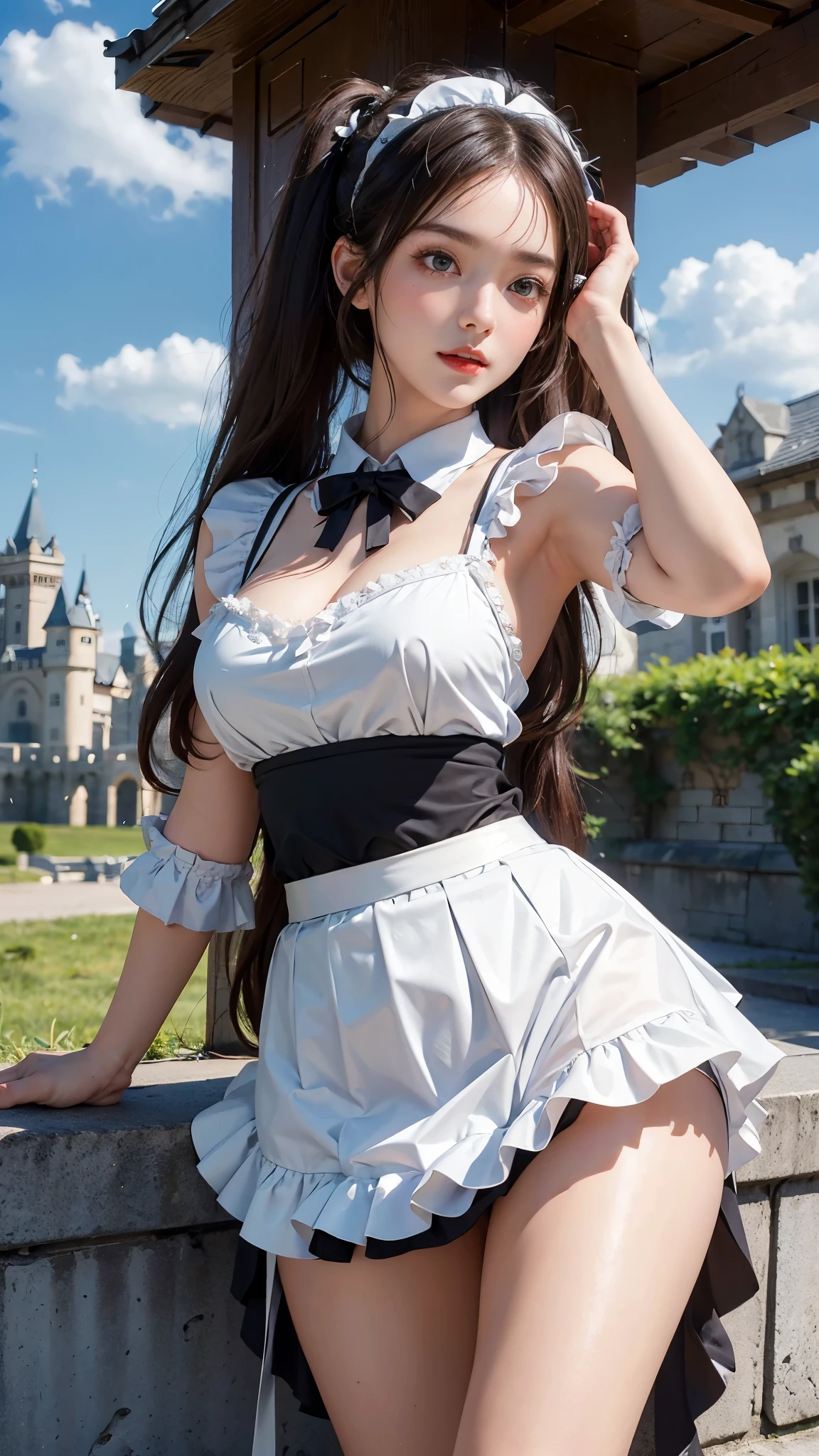 ( highest quality、8K、masterpiece、realistic:1.3 )、 1 woman、( A garden with a classical and prestigious castle in the background )、( Very high quality deep background : 1.2)、nature bright sunlight、blue sky、smile、Brown hair tied into twin tails、beautiful woman with perfect figure: 1.4、Highly detailed face and skin texture、detailed eyes、double eyelid、very far away : 1.2 、I can see the whole body、white and black maid、White maid headband、ruffle blouse、ruffle mini skirt、ribbon tie、apron、high heels 、Show off your cleavage、(( Lifting the front of the skirt、Pose showing panties : 1.3 ))