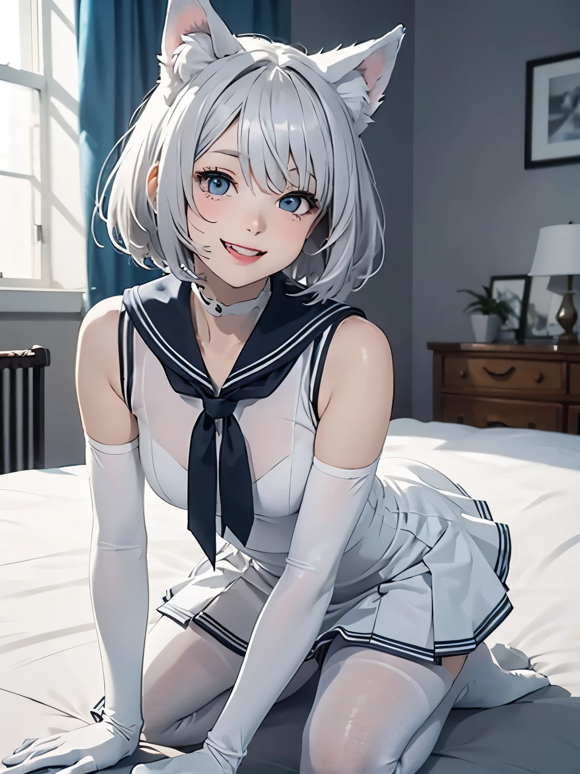 table top High level image quality best image quality 8K adult woman Portrait white long gloves(long gloves) pure white pantyhose sailor suit(sleeveless) mini skirt White wolf ears short hair((shortcut)(gray hair)(perm)(fluffy)) eye color is blue Face seducing((laughter)(smile) background(Bedroom)squatting down