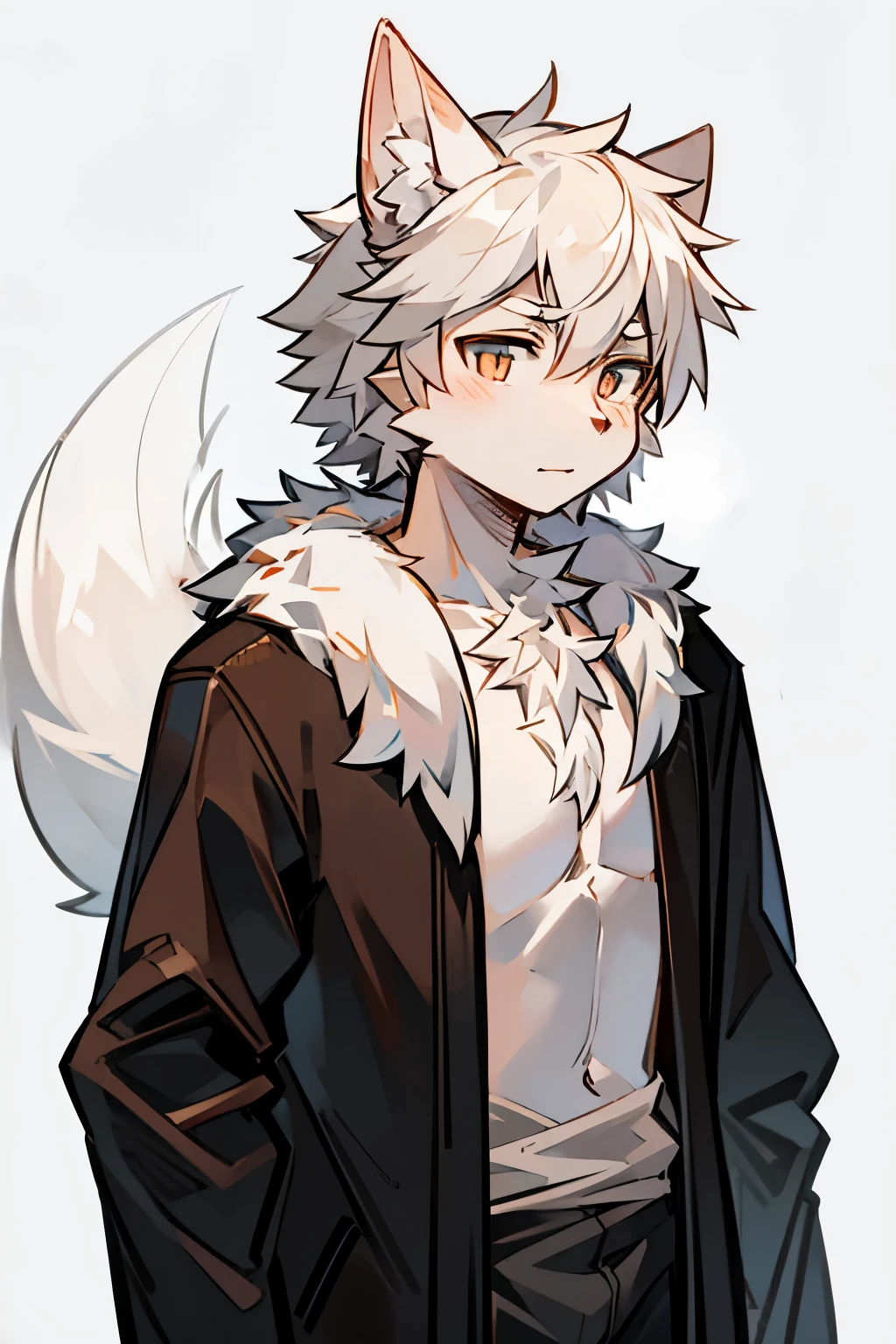 Siberian wolf, furry characters, human wolf, Upper body character, human art, furry man wearing tail, Male beasts, 拟人化的Siberian wolf, Single character upper body, cute characters, human wolf, Furry beasts,Off-white fur,wolf ears,not exposed,Neatly dressed