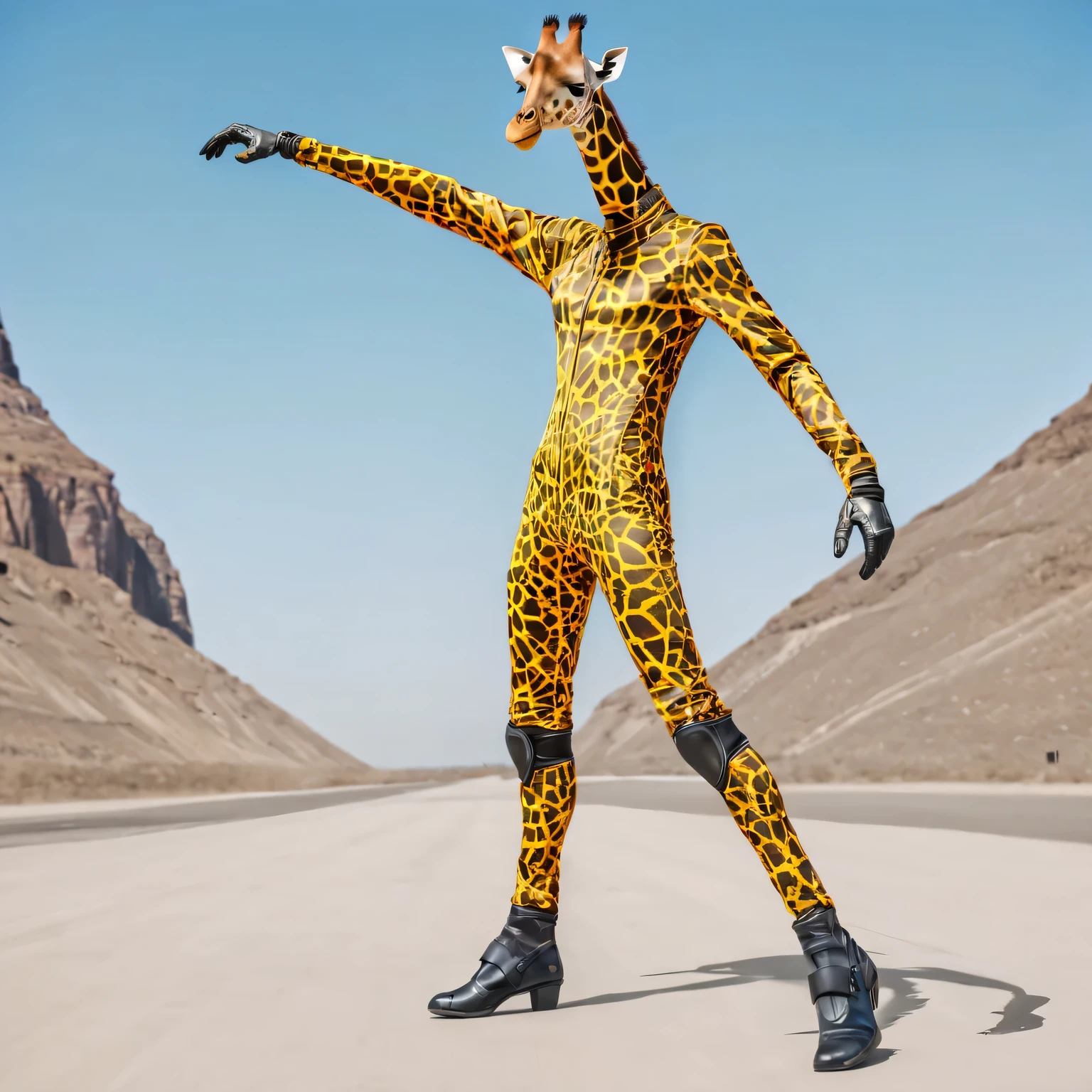 Realistic photo depicting a humanoid (anthropomorphic) giraffe superhero in a high-tech suit, Move action, full pose, whole body, dieselpunk, high detail, many image details, 8K, hyperrealistic