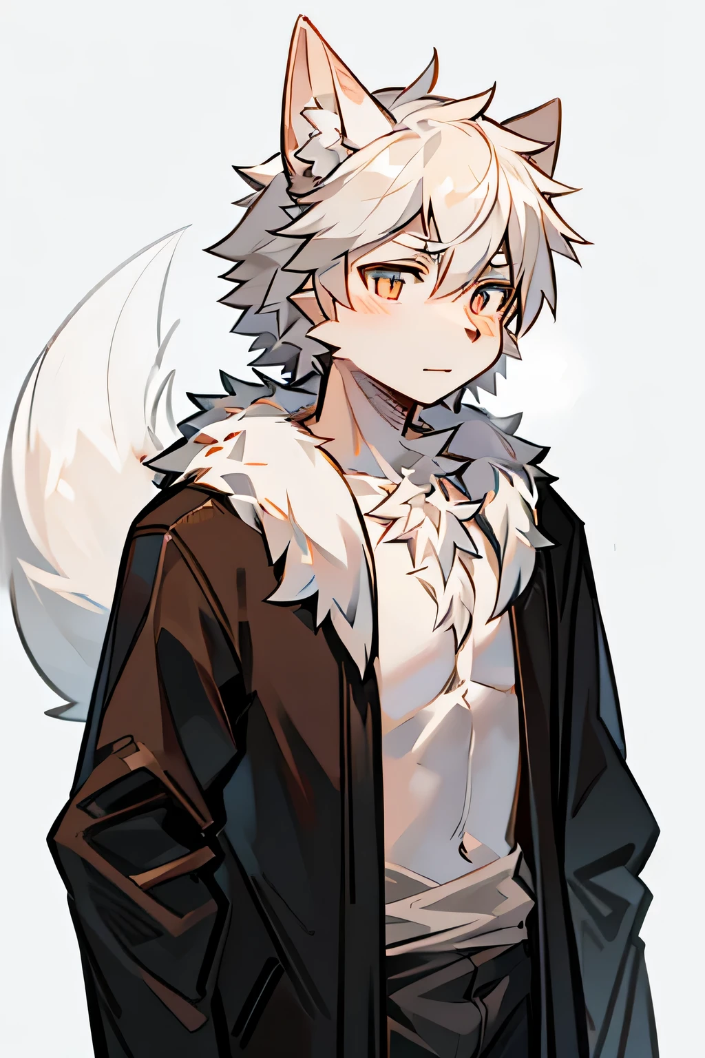 Siberian wolf, furry characters, Werewolf, Upper body character, Humanities and Arts, Furry man with tail, male beast, 拟人化的Siberian wolf, Single character upper body, cute characters, Werewolf, furry beasts,Off-white fur,wolf ears,not exposed,fully dressed