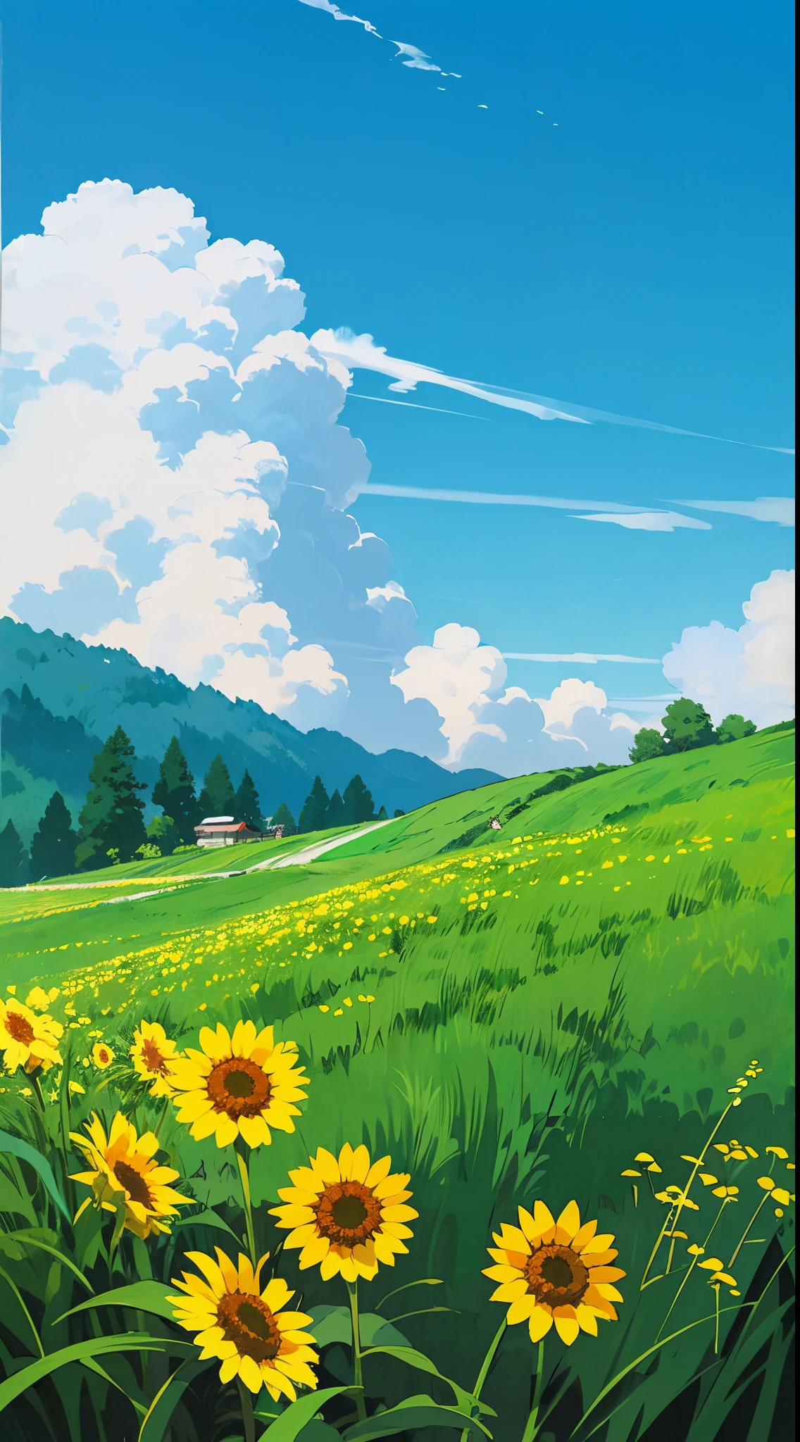 (((best quality))),blue_sky, cloud, cloudy_sky, condensation_trail, dandelion, day, field, flower, flower_field, holding_flower, horizon, kazami_yuuka, mountain, mountainous_horizon, outdoors, sky, straw_hat, summer, no human