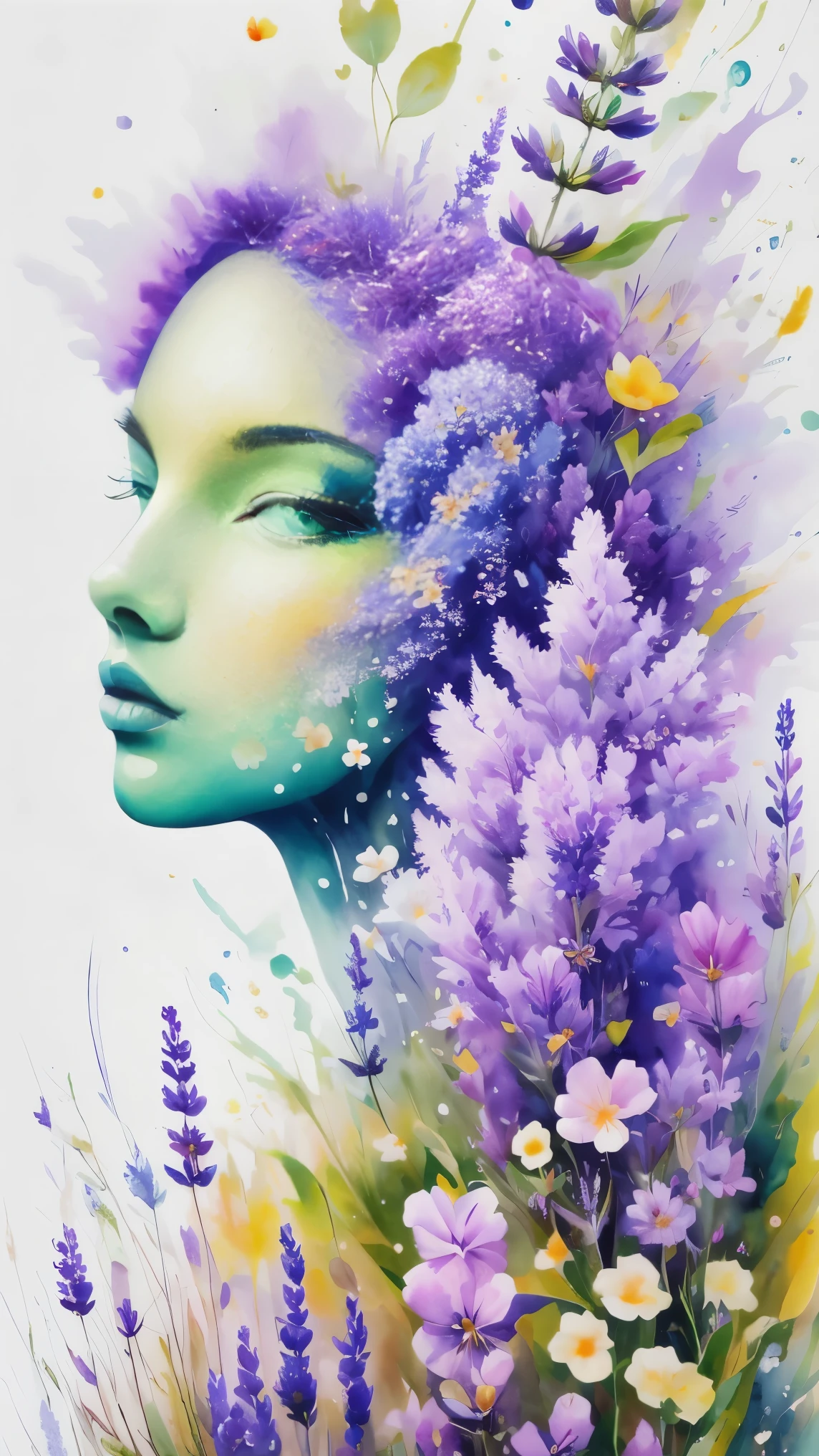 (masterpiece, best quality:1.2), Watercolor flower paintings present a delicate and refreshing visual effect. Wildflowers and lavender fields，The perfect combination of nature and romance. The screen is dominated by a white background, Highlight isolated watercolor flower. Splash technology recreates humid environments, Create a vague and dreamy atmosphere. The unique composition and abstract expression add an artistic touch to the picture, Contains elements of surrealism. The overall color tone is mainly light colors, Light purple and green complement each other, Show high-resolution details. The splash effect adds a sense of agility to the image, The light colors give the flowers a deep and restrained beauty.