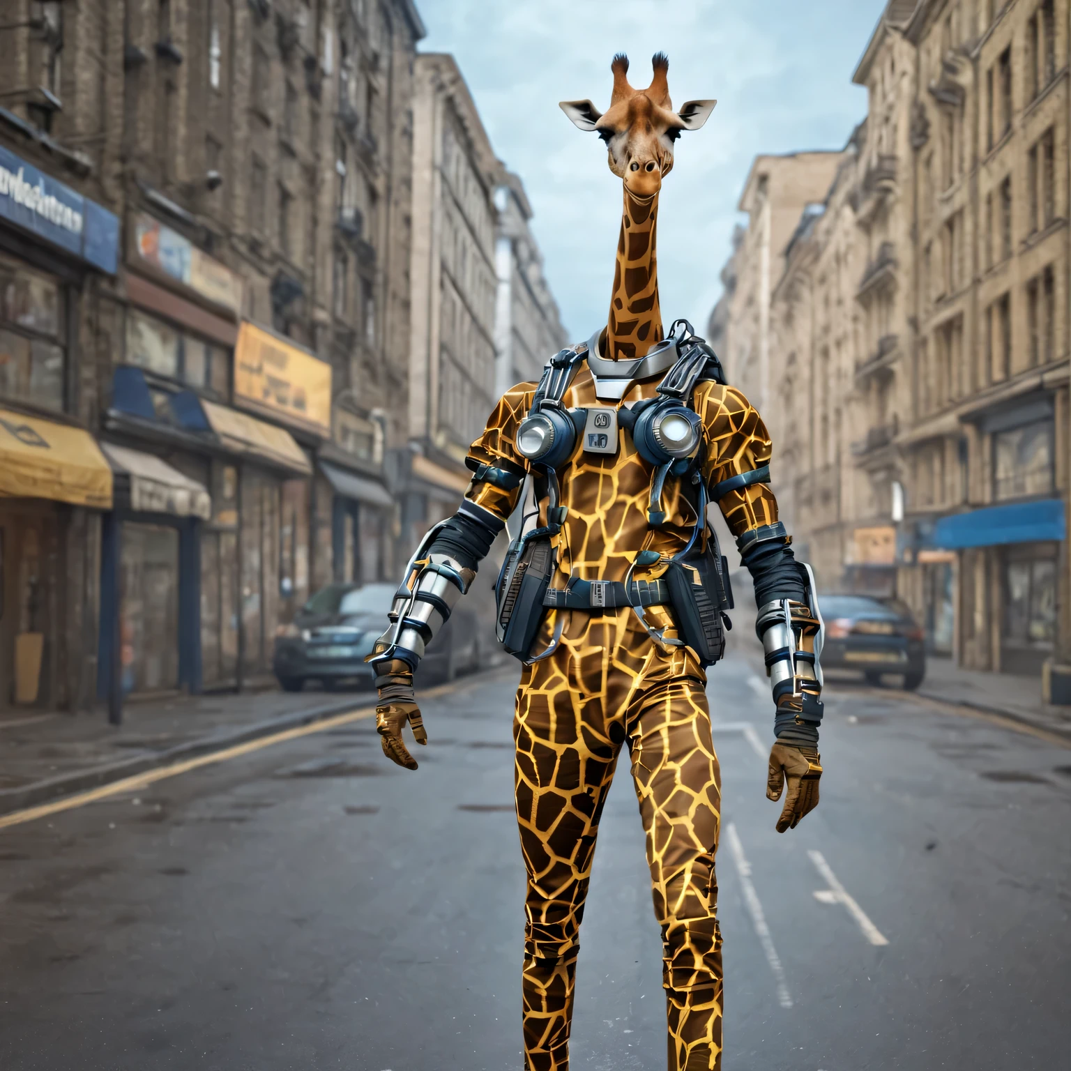 Realistic photo depicting a humanoid (anthropomorphic) giraffe superhero in a high-tech suit, Move action, dieselpunk, high detail, many image details, 8K, hyperrealistic