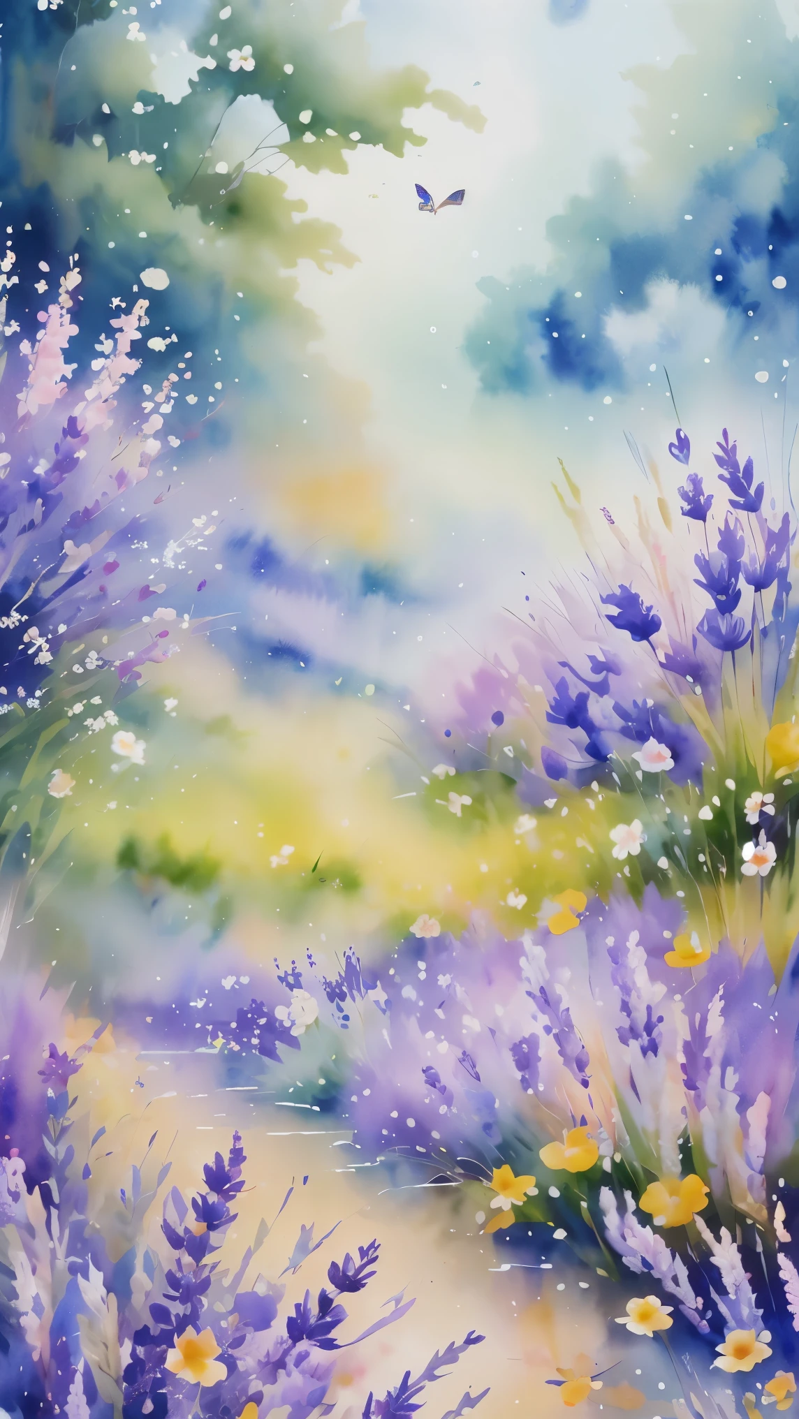 (masterpiece, best quality:1.2), Watercolor flower paintings present a delicate and refreshing visual effect. Wildflowers and lavender fields，The perfect combination of nature and romance. The screen is dominated by a white background, Highlight isolated watercolor flower. Splash technology recreates humid environments, Create a vague and dreamy atmosphere. The unique composition and abstract expression add an artistic touch to the picture, Contains elements of surrealism. The overall color tone is mainly light colors, Light purple and green complement each other, Show high-resolution details. The splash effect adds a sense of agility to the image, The light colors give the flowers a deep and restrained beauty.