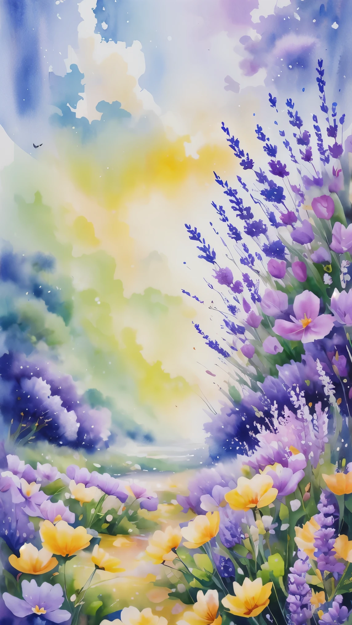 (masterpiece, best quality:1.2), Watercolor flower paintings present a delicate and refreshing visual effect. Wildflowers and lavender fields,The perfect combination of nature and romance. The screen is dominated by a white background, Highlight isolated watercolor flower. Splash technology recreates humid environments, Create a vague and dreamy atmosphere. The unique composition and abstract expression add an artistic touch to the picture, Contains elements of surrealism. The overall color tone is mainly light colors, Light purple and green complement each other, Show high-resolution details. The splash effect adds a sense of agility to the image, The light colors give the flowers a deep and restrained beauty.