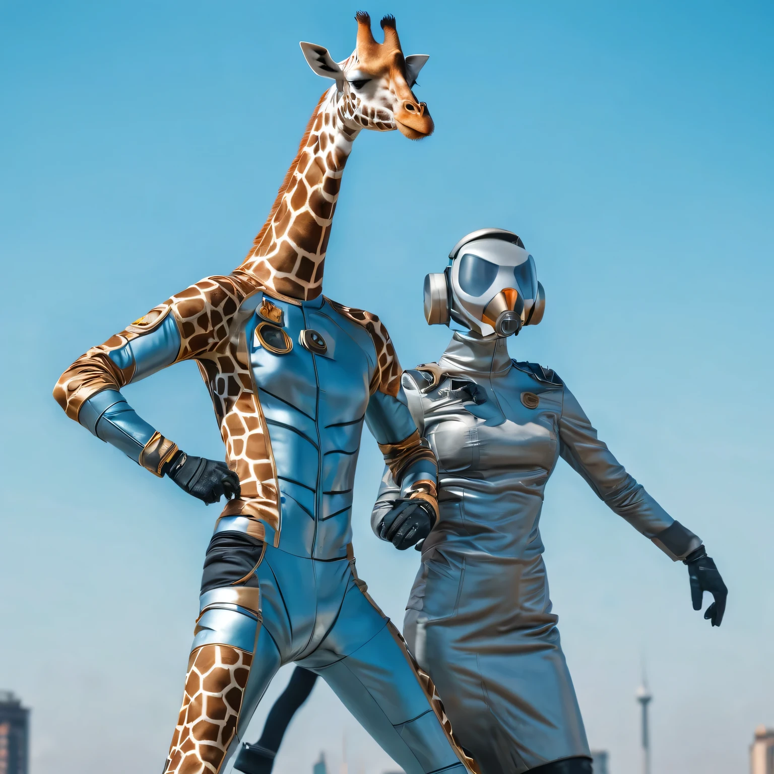 Realistic photo depicting a humanoid (anthropomorphic) giraffe superhero in a high-tech suit, Move action, dieselpunk, high detail, many image details, 8K, hyperrealistic